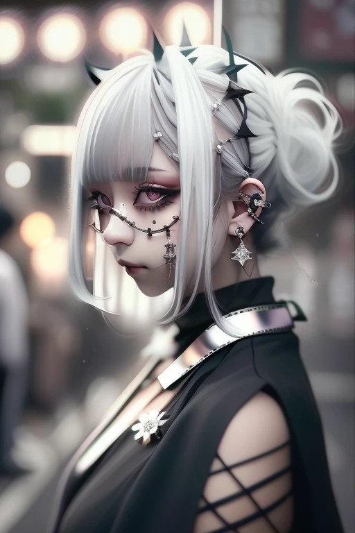 A dark-haired、A black、(((A dark-haired))),eye glass、Lunette de soleil、piercings、Forehead、Blunt bangs、Eyebrows are visible、The bikini、goth_punk, 1girl in, solo, medium shot, Walking in Harajuku, ((during night)), bokeh dof, Neon light, Iridescent eyes, starrysky, White shiny hair, White eyebrows, Radiant hair, (iridescent white hair), earrings, bangss, jewely, masks, bluntbangs, verd s eyes, Mouth mask, blurry backround, bblurry, hair adornments, Look at viewers, shorth hair, portraitures, side locks