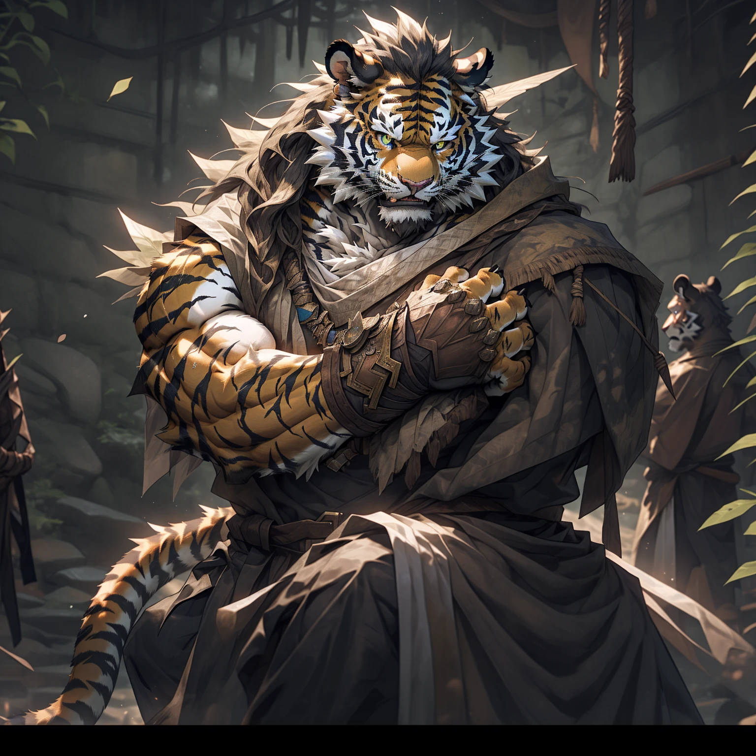 sweatymuscularthongpeachbloomfurrytightsanthropomorphicchesthairyseriousfacematurehugemuscularrippedabswild,Tiger Tiger of tribal ambition