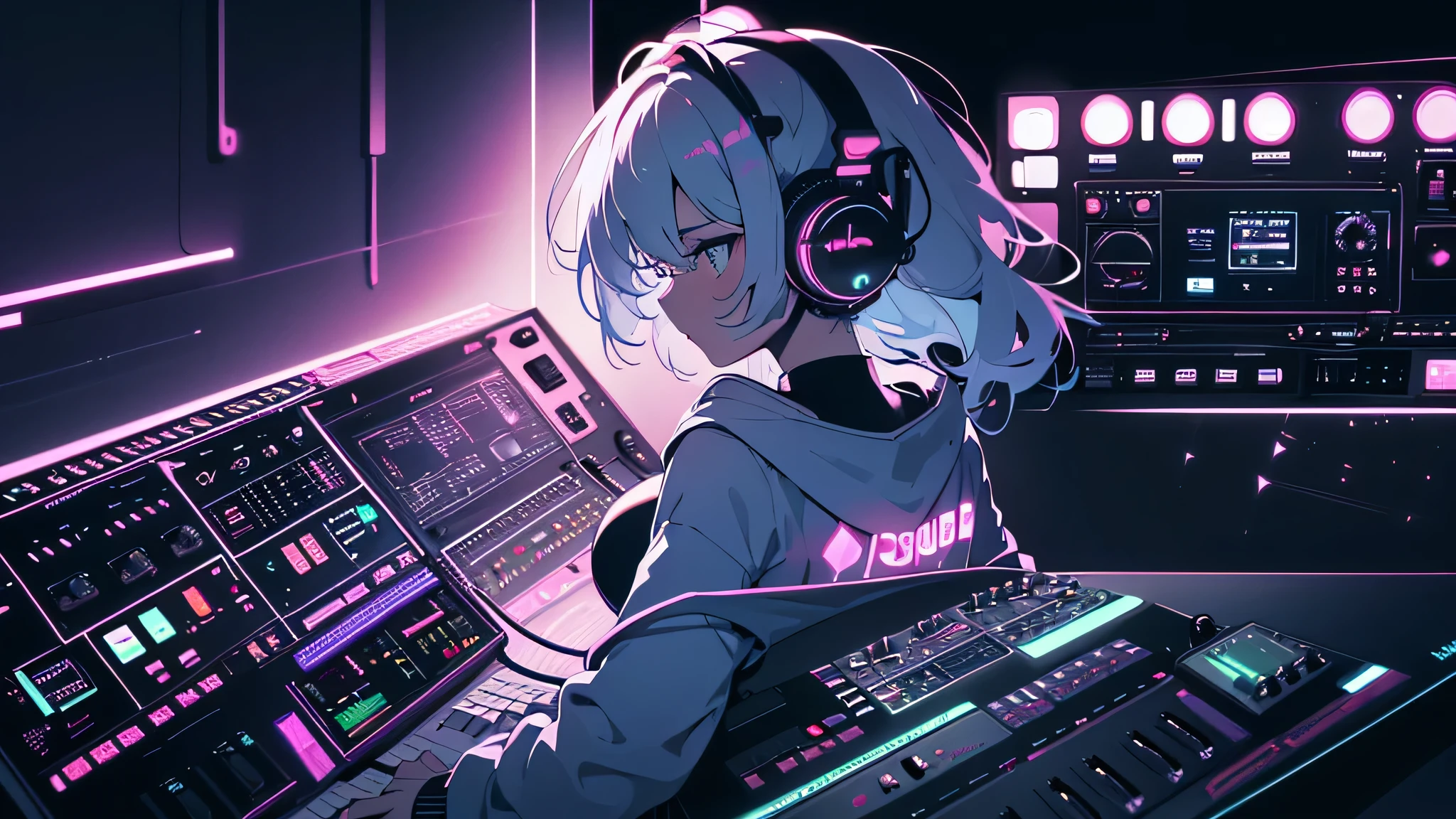 Best quality, (masterpiece:1.2), best detail face,1 girl, good breasts, 18 yo, 8k,absurdres,unity 8k wall paper,(extremely detailed:1.3), highest realistic, (headphones:1.1), (soft neon light:1.1), (floating hair:1.2), (psychedelic:1.2), Her room full of music equipment, loungewear, (((Roland TB-303 Synthesizer)))