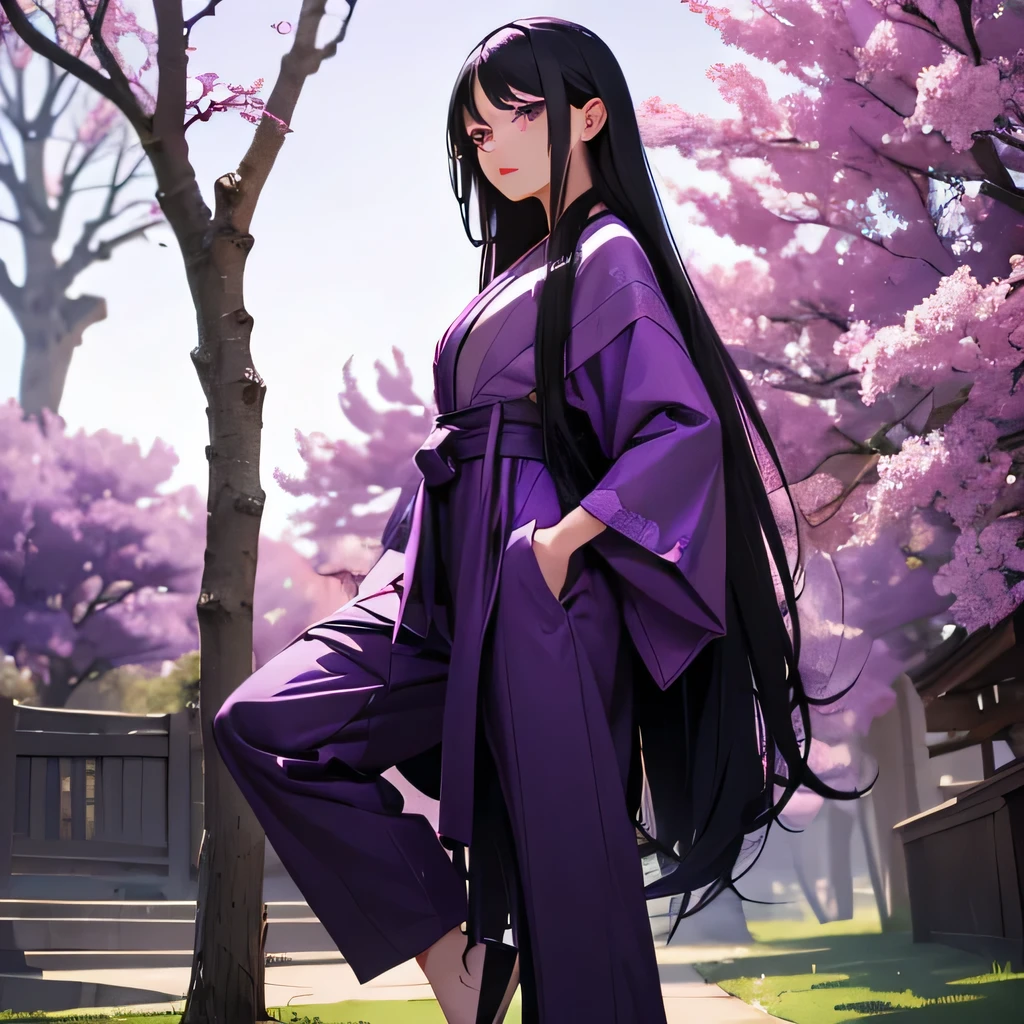 Girl with long black hair with purple endings, purple eyes, perfect face, purple robe, long purple pants and purple shoes with a japanese tree in the background