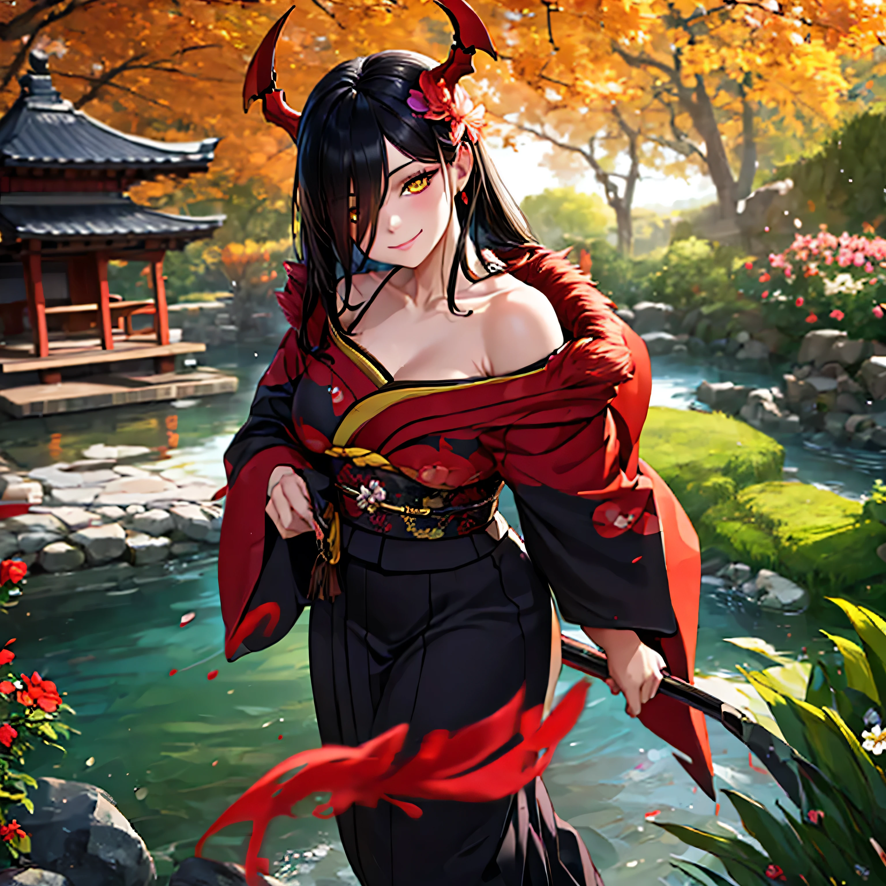 A woman wearing a black yukata with red details, with a red fur cape on her shoulders, red horns, yellow eyes, long black hair, smiling, walking in a Japanese garden during the day,(solo woman), glow, drop shadow, flower, UHD, masterpiece, accurate, anatomically correct, textured skin, super detail, high quality, best quality, 8k, high resolution, bokeh effect.