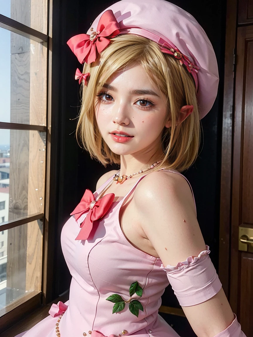 (1 lady), The beautiful, (Best quality at best:1.4), (ultra - detailed), (extremely detailed CG unified 16k), gold blonde hair, very detailed, High-definition RAW color photo, professional photoshooting, amazing face and eyes, cosmetics, (amazingly beautiful girl), ((lambdadelta, tall woman, taller)), ((dress, red bow, pink hat, necklace, gloves, pearl, pink dress)), standing, realistic cinematic face, photo portrait, upper body (shoulders to head), photorealistic, ((realistic natural blonde hair style, red eyes)), gorgeous, extremely beautiful face, perfect model beauty, pout mouth, flirting smile, cleavages, city girl, western, (masterpiece), best quality, high resolution, extremely detailed, blurred background, depth of field, cinematic lighting, clear and well-cared skin