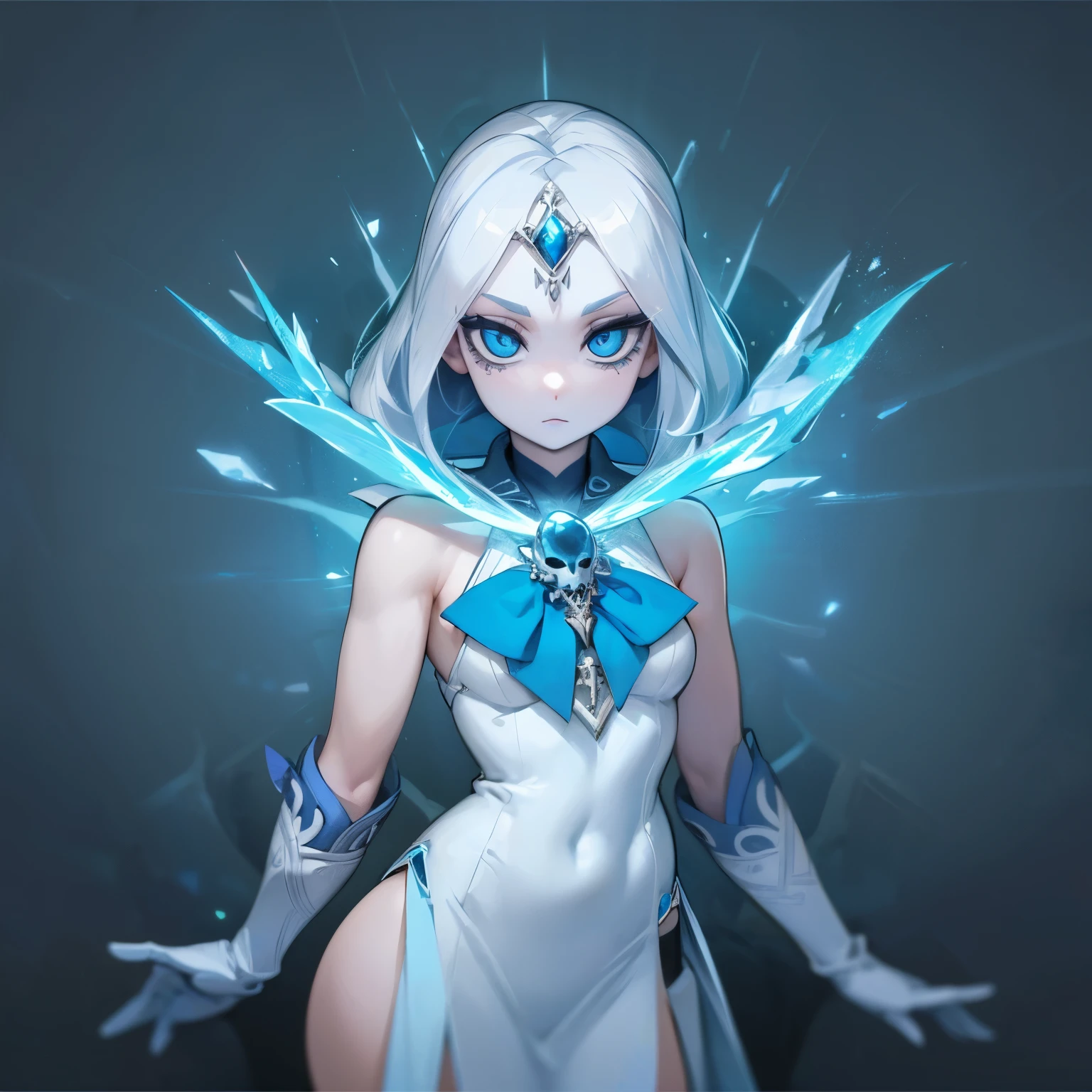 ((best quality)), ((official art)), ((masterpiece)), textile shading, ((ultra-detailed)), solo, full color, (1girl, solo, bssmsuperoutfit, circlet, white leotard,,blue sailor collar, sleeveless, heart brooch, miniskirt, white gloves, hairstyle, hairlength , detailed face, (full body:1.1)), (in nature) (best quality, highres, ice skull:1.1), ice skull, girl style, thick body art, detailed facial features, icy blue eyes, glossy lips, long eyelashes, porcelain skin, blue and silver color scheme, intricate skull design, realistic texture, vibrant colors, elaborate background, mysterious atmosphere, frozen garden, snow-covered trees, sparkling ice crystals, surreal lighting, fantasy elements
