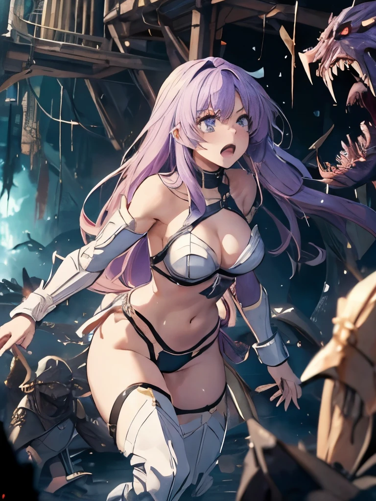 highest quality、Battle of Despair 1:8、Beautiful woman with very long purple hair、White light armor（Chest exposed、Off the shoulder、No sleeve、No elbow pads、Belly button、High leg、Exposed thighs）、White Armor Boots、Tears overflow、Frightened expression、scream、run away、Attacked by mutants 1:5、Many violent mutants 1:5、Mutant Holding Arm、Mutant attacks from behind、Mutant grabs leg、Mutant Swarm 1:5、darkness、another world、Dark fantasy、hell