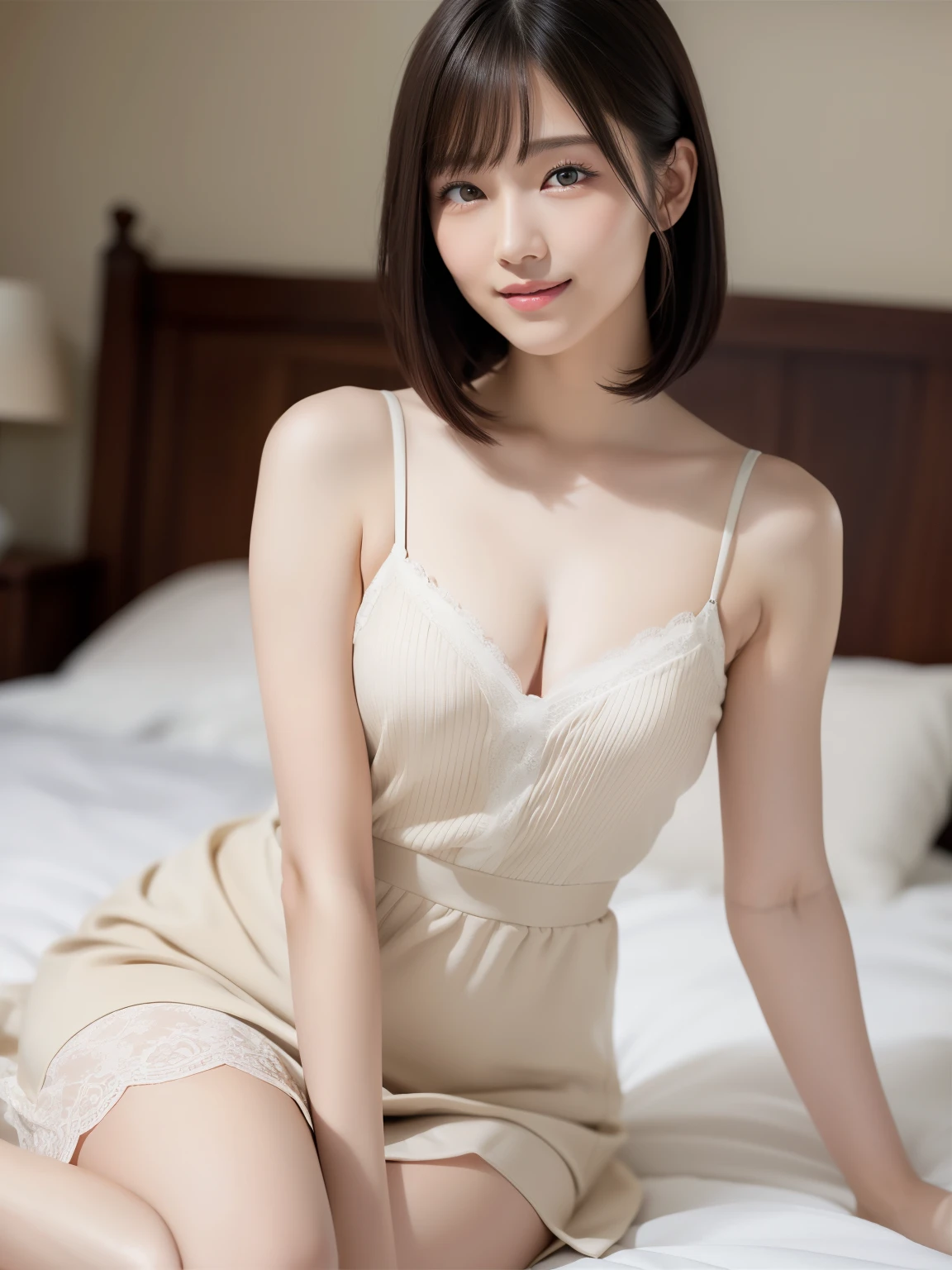 (highest quality:1.5)、(Realistic:1.5)、(1 person:1.5)、Very detailed、High resolution、8k、medium breasts、Natural color lips、Cute Smile、Japanese women、20-year-old girl、Beautiful and elegant face、Perfect and beautiful face、Balanced big eyes、Brunette eyes、Beautiful and elegant face、Natural double eyelids、Natural Bangs、Beautiful thin nose、Beautiful Skin、(Medium Bob Hair)、Natural Bangs、Perfect and beautiful face、Slim face and figure、Look at the viewers、(Staring at the camera with a sweet smile)、Bright lighting、Professional Lighting、Forward lighting、Beautiful feet:1.2、Smooth Skin、Slim Body、Slim waistline、slim thin thighs、sit、Bedroom、mini skirt、High stockings、Beautiful cleavage、Camisole dress、