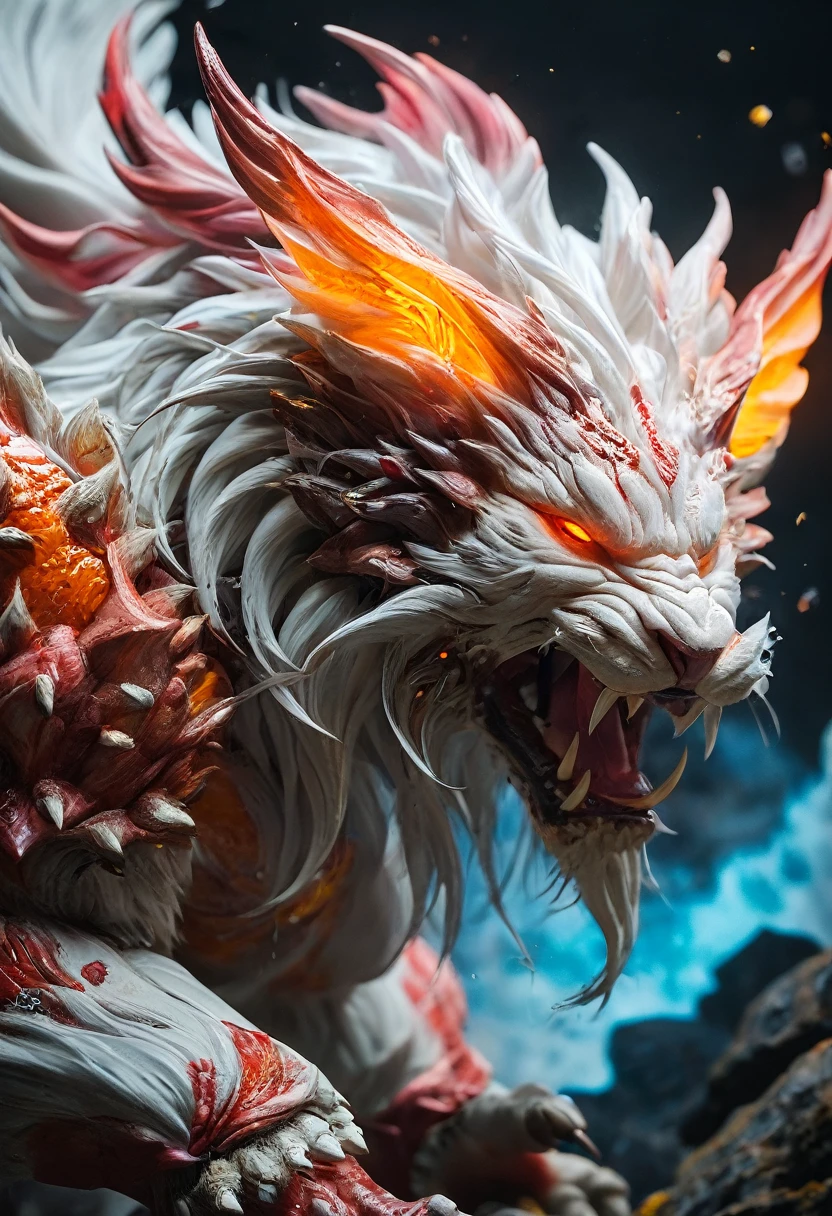 (highest quality,4K,8k,High resolution,masterpiece:1.2), Super detailed, (Realistic,photoRealistic,photo-Realistic:1.37), white creature, Otherworldly, Lovecraft, Chitinous Skin, Bioluminescence Pattern, Dark color palette, Spooky lighting.(Browsing Caution:1.4), white, pink, orange, Very long and sharp red claws, Big Claws, Her body is bioluminescent. Moisturized Skin, (Extremely detailed and intricate skin patterns:1.2), (Translucent chitinous exoskeleton:1.3), (Very small waist:1.4), (Destroyed Anatomy:1.5), violent, erotic