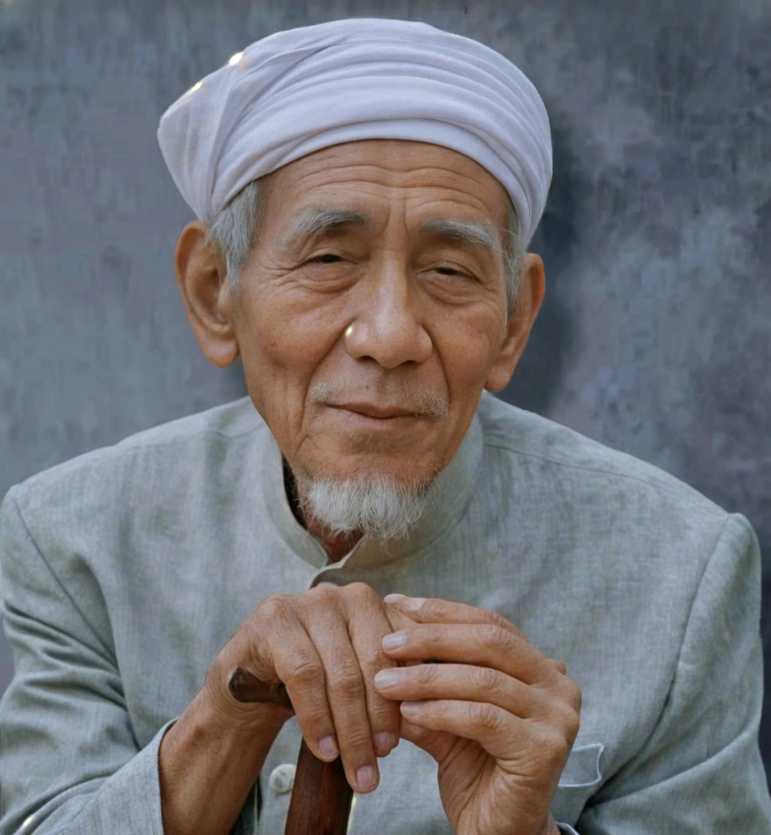 Indonesian Muslim man, aged 50 years or over, brown skin with wrinkles, wearing a white turban, big green shirt, holding a wooden stick, thick white gray eyebrows, natural white mustache and beard, sharp nose, naturally bright supit eyes. HD quality realistic images.