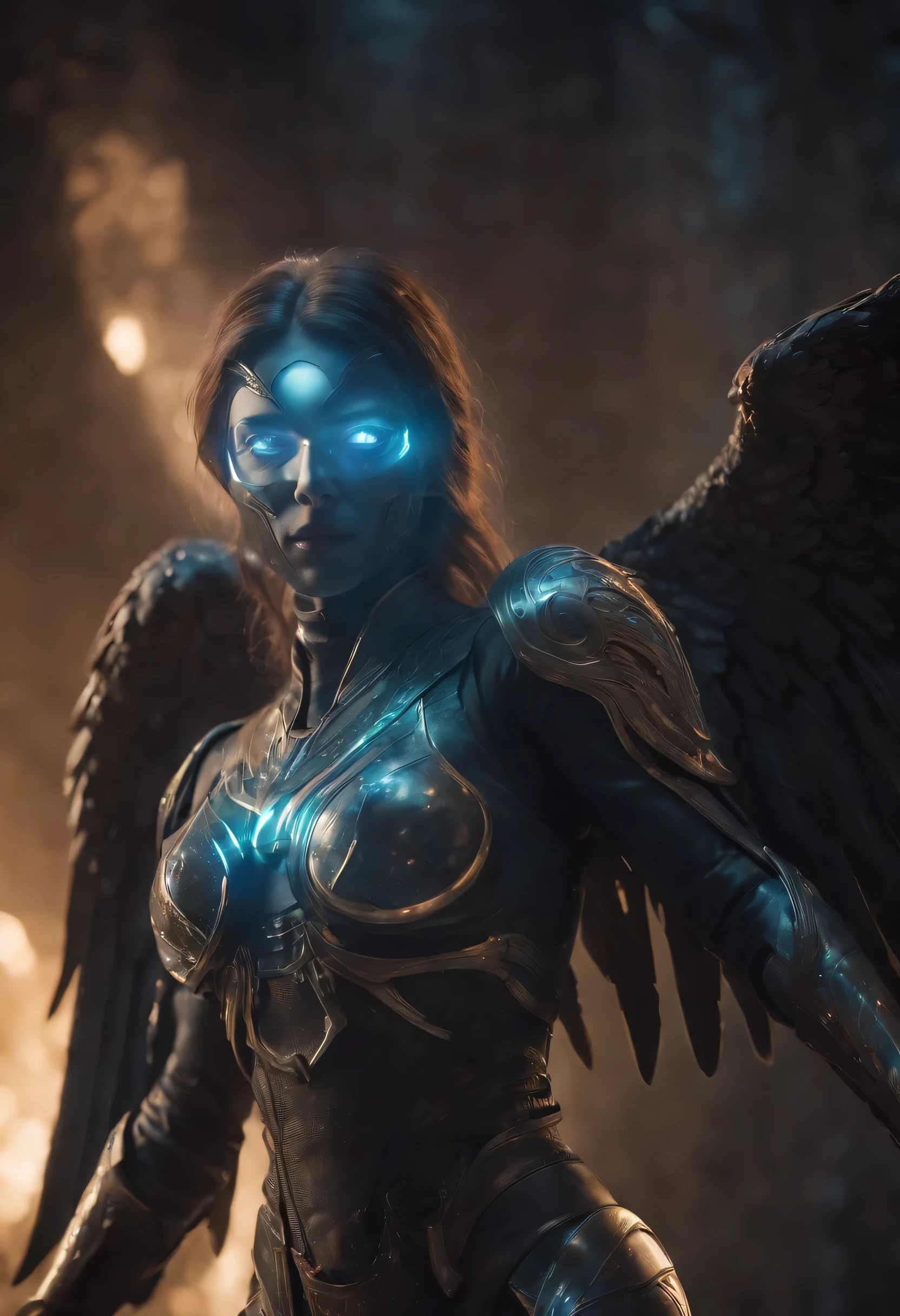 Cosmic Fallen Angel, glowing light eyes, Biomechanical, eerie, Creepy, nightmarish, Very bright colors, Light particles, with light glowing, Mshiv, wallpaper art, Ultra HD wallpaper esports athlete
