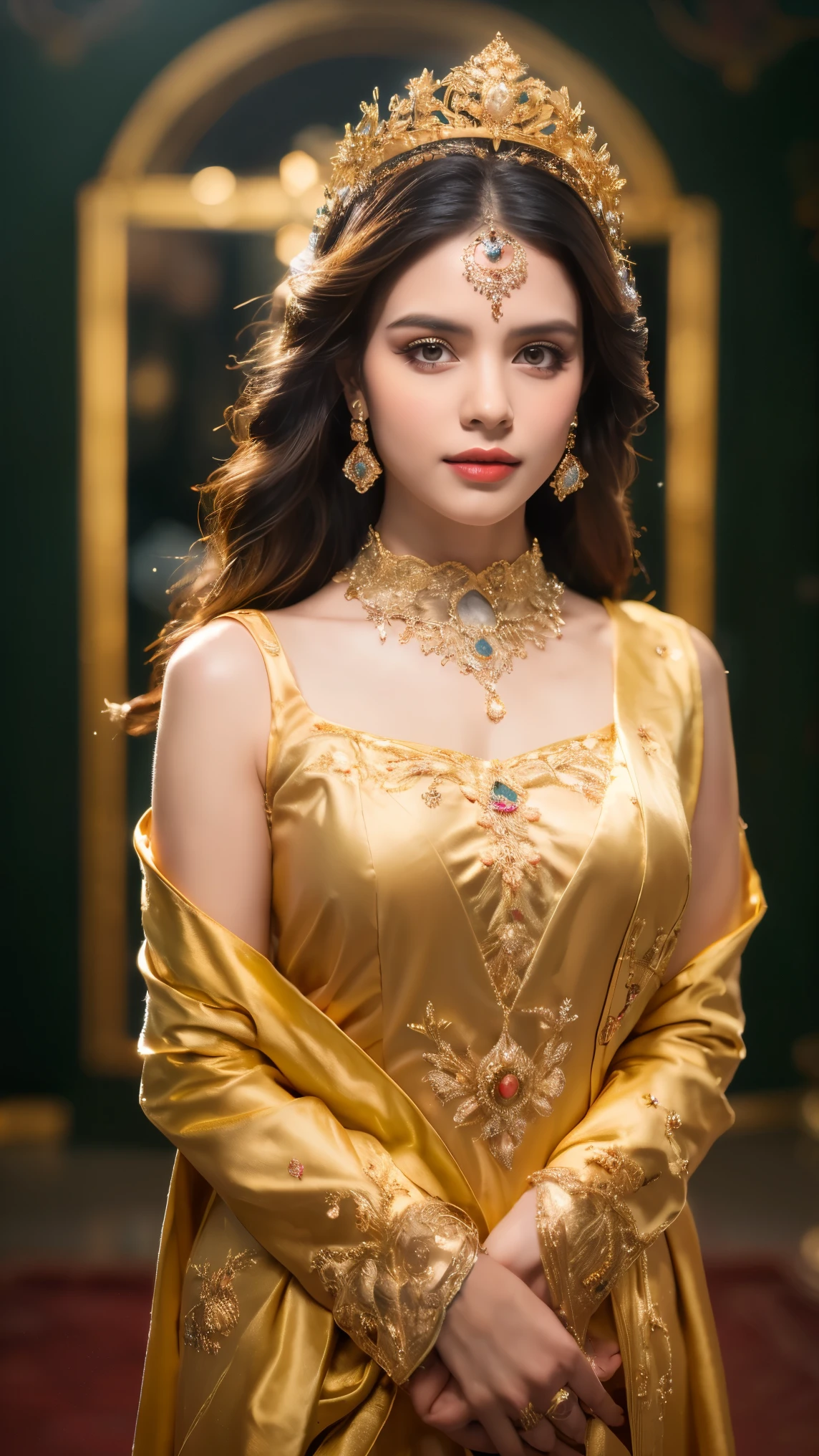 ((Best quality, 8k, Masterpiece :1.3)), Sharp focus :1.2, Generate a realistic image of a beautiful, cute beauty dressed in a stunning dress, adorned with traditional ornaments, standing in a well-lit room with cinematic lighting. ((Front view, random elegant pose)), and there is a sense of grace and elegance in her posture. The background should complement the scene, enhancing the overall aesthetic appeal of the image. Photography by Brandon Woelfel, Full shot: Canon EF 16-35mm f/2.8L III USM lens on a Canon EOS 5D Mark IV camera, ultra realistic, 32k, HD
