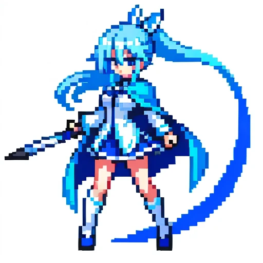 Pixel art, full body, facing left (important), bright blue and white, holding a large scythe in each hand, magical girl, long ponytail, ribbon, loose clothing, cloak. Hair color: soft, pale blue hair. Eye color: pink eyes. Outfit: clothing in white and blue tones. Wearing a blue cloak over a white shirt, and a blue miniskirt. Accessories: blue flower ornament in hair on right side. Weapon held: scythe decorated with blue and white ornaments.