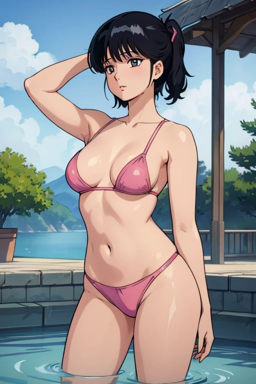 Madoka Ayukawa, anime girl in pink wet clothes, Realistic Shadows, Detailed skin, Very small breasts, Black Hair, Hair Ribbon, Very detailed, 8kのVery detailedな顔, perfect face shape, Perfect Lips, Perfect Nose, Correct beautiful eyes, Audience, masterpiece, highest quality, Single woman, No bra, No pants, alone
