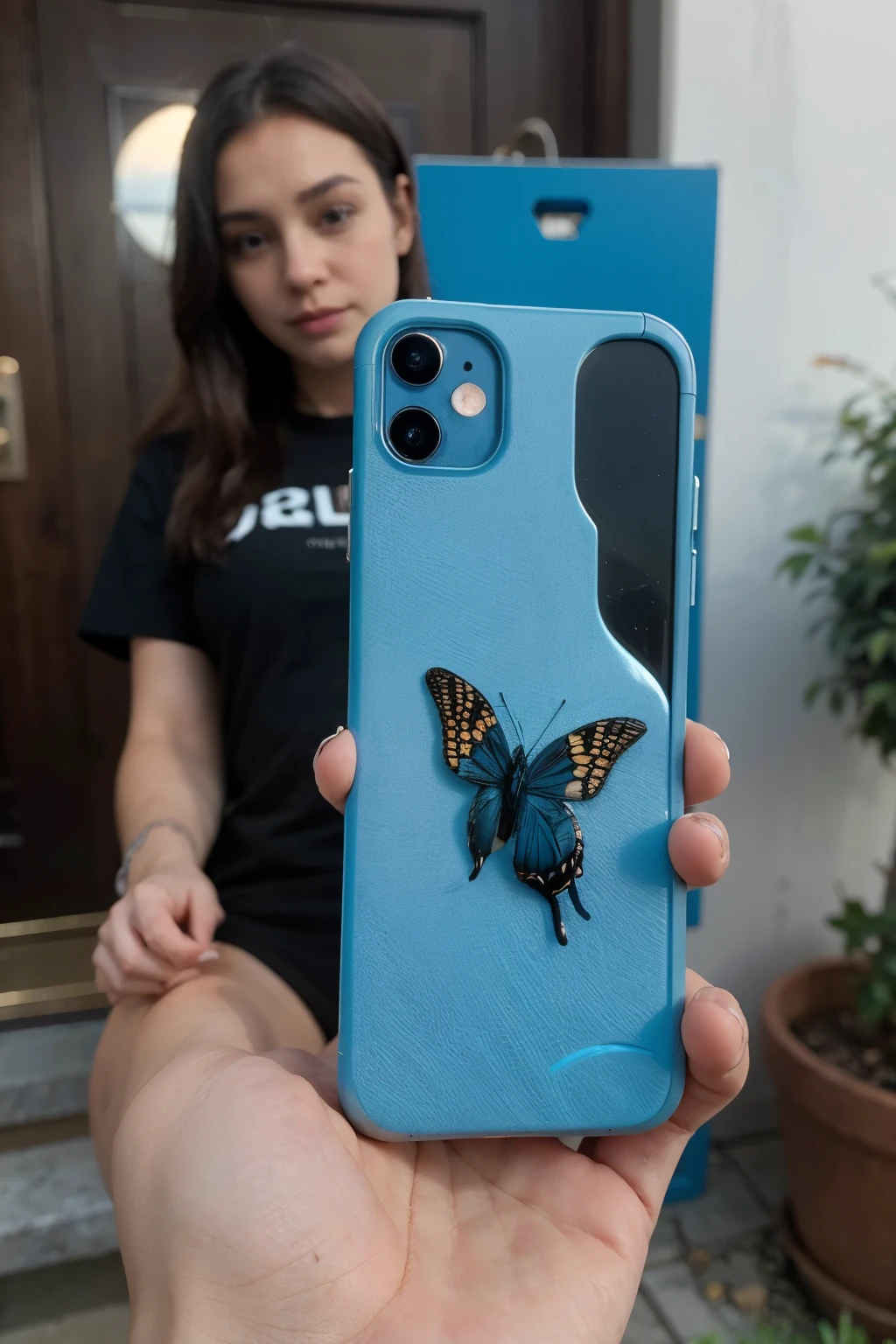 Por favor hazme un fondo de pantalla para iPhone 11: una mariposa azul envuelta en una tela de seda azul.. no quiero humanos
