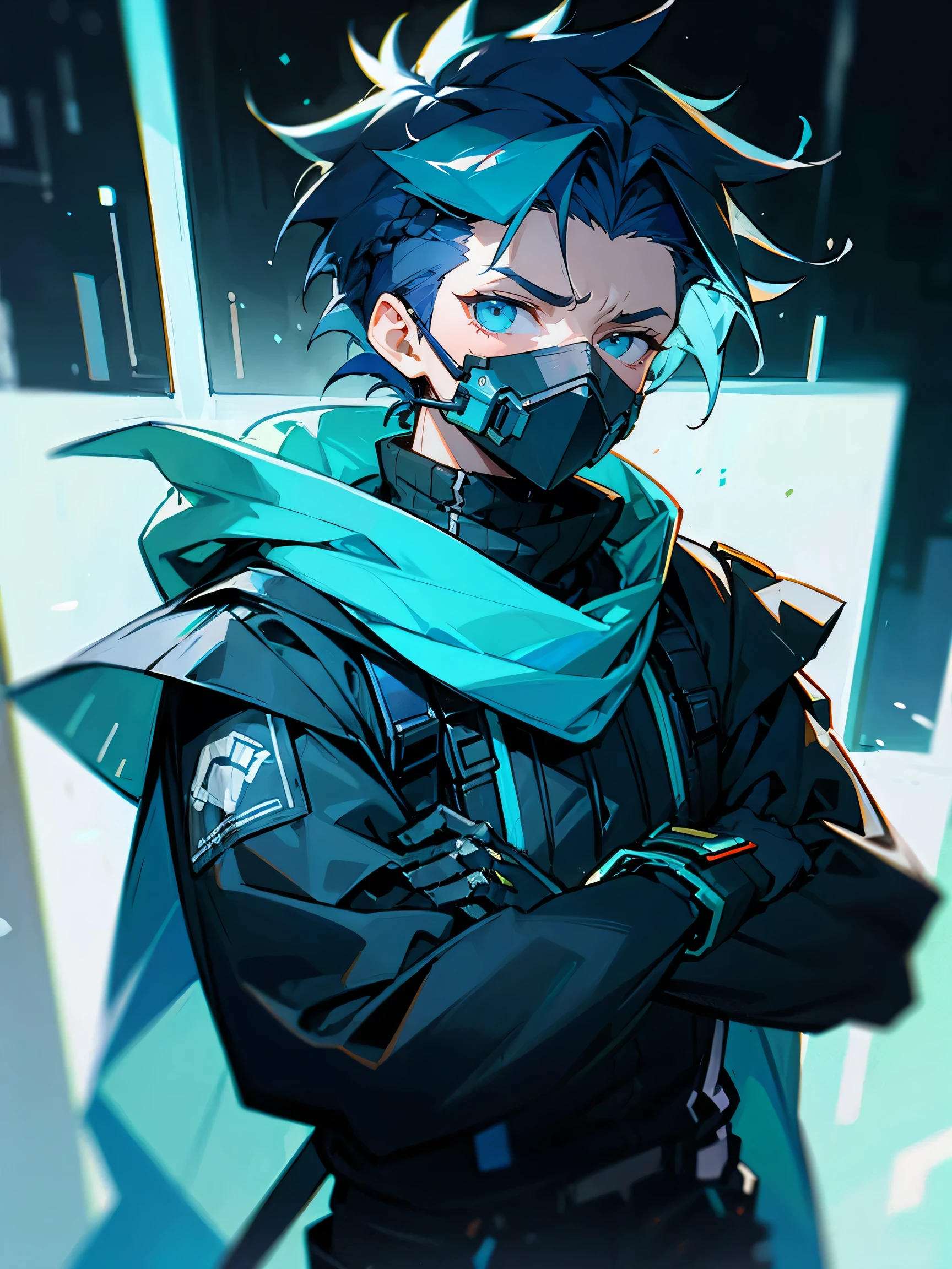 1male, young robot arms,  cybermask, azure hair, messy hair, undercut hair, scarf, caelid, serious expression