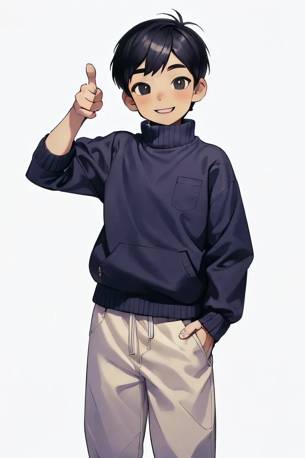 (masterpiece, best quality:1.2), White background, Solitary, Male focus, 1 boy，full-body shot, Omorisani, Natural smile, Facing the audience, One hand in the pocket，One hand thumbs up gesture，Light-colored sports sweatshirt, Indigo pants