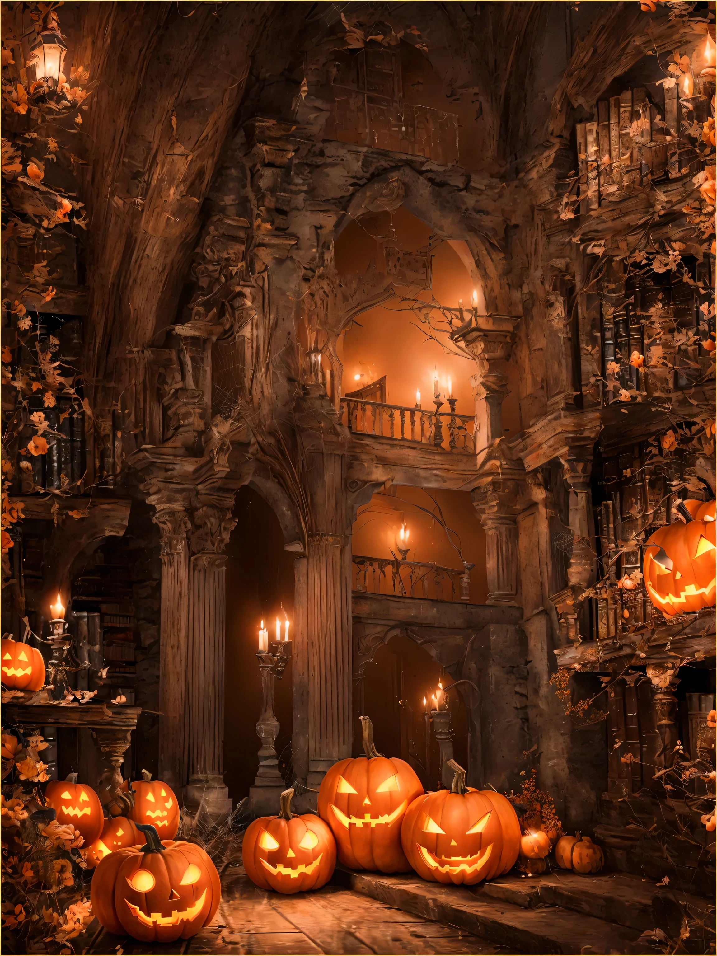 there is a halloween scene with a cat and pumpkins, Scary magic background, halloween scene, gothic library, Gothic Epic Library, halloween atmosphere, Spooky atmosphere, haunted background, Halloween theme, Library Background, dark library, spooky Halloween theme, spooky halloween night, ancient library, Creepy, Old Library, Magic Library, halloween night, Gothic background