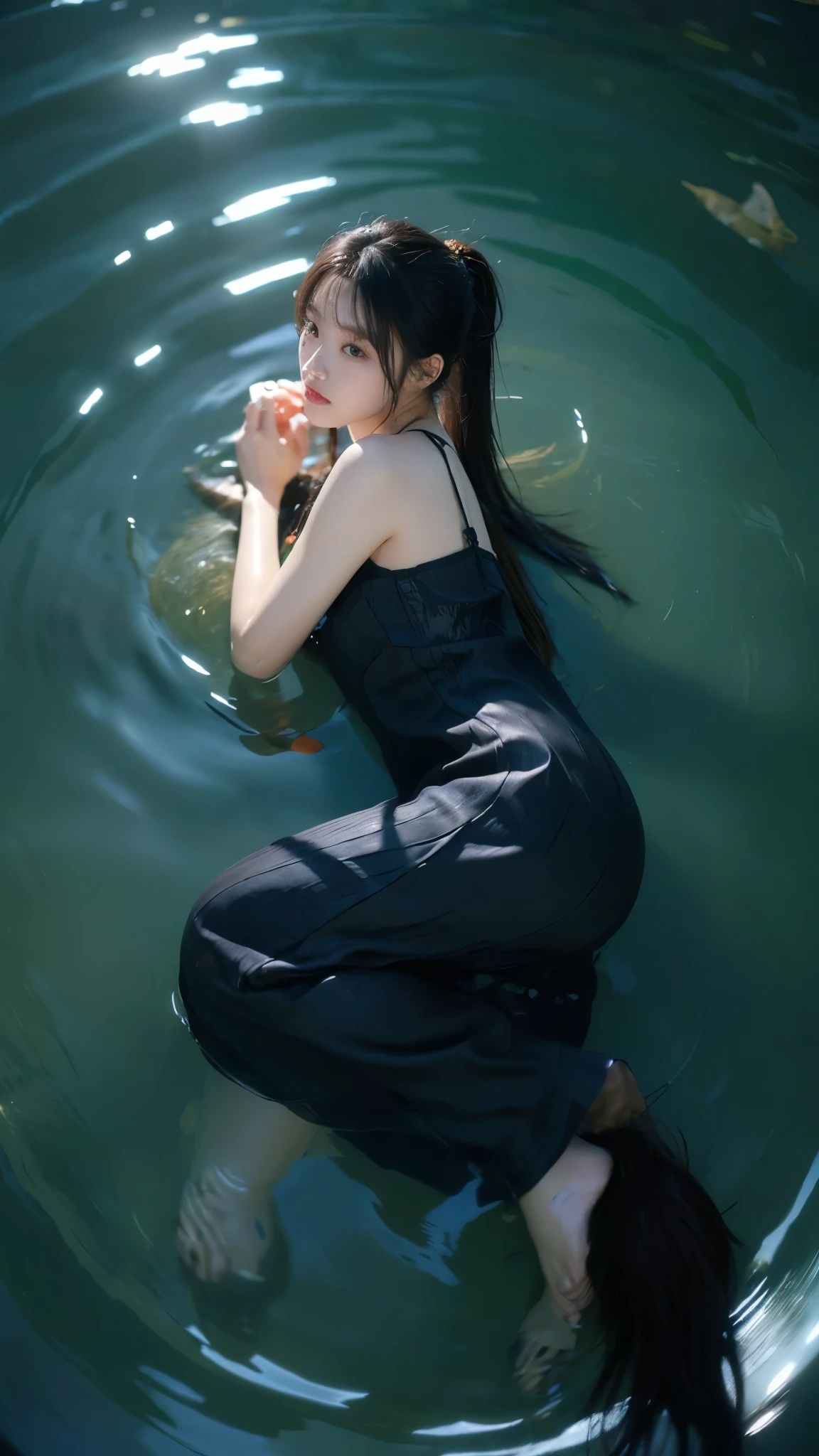 (ultra high definition, 8K, masterpiece: 1.3) ((long hair: 1.3)), Korean woman, depth of field, fish eye lens, highest detail, from above, dark night, (Immerse yourself in water), lay down, 렌즈방향은 from above 아래로, long dress, (lay down: 1.3), look into the distance, Han bok, in the forest, deep pond, Clean water, Dengue hair, ponytail