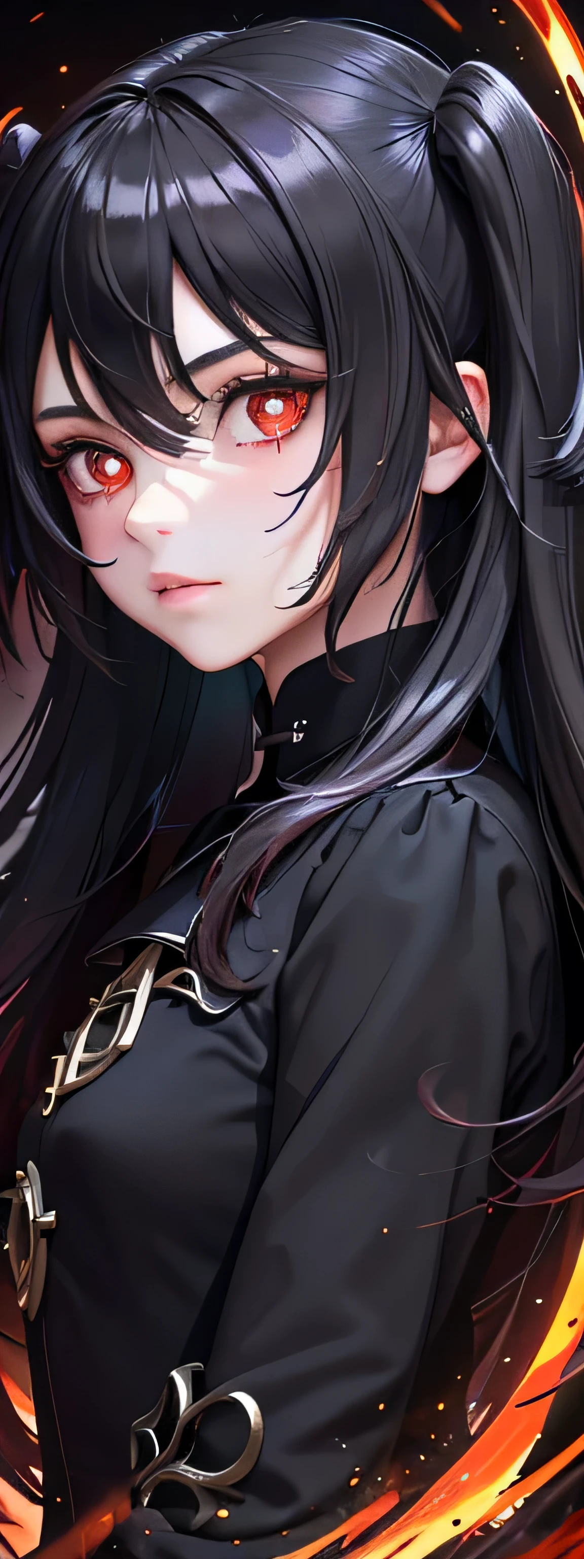 (Masterpiece, Best quality, Ultra-detailed, Best shadow), (Detailed background,Dark fantasy), (Beautiful detailed face), High contrast, (Best illumination, An extremely delicate and beautiful), ((Cinematic light)), Colorful, Hyper-detailing, Dramaticlight, Intricate details, (1 girl, Solo,Black hair, sharpy face,Low Twin Tails,Red eyes, hair between eye,Dynamic Angle), blood spatter, swirling black light around character, Depth of field,Black light particles,(Broken glass),Magical Circle,