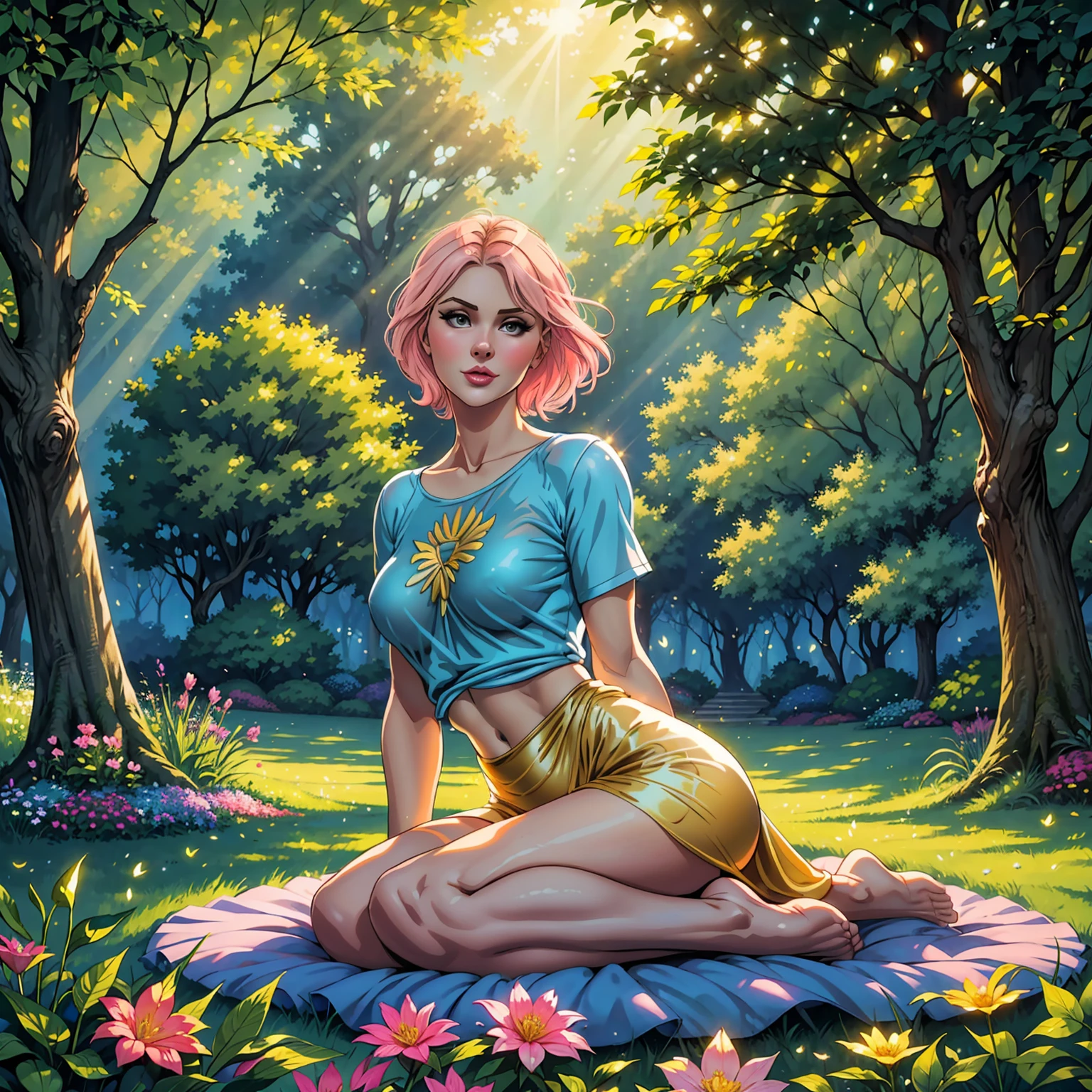 (best quality,realistic,1girl),40 years old,very detailed blue eyes,very detailed pink lips,gold hair,short,t-shirt,cozy ambience,soft lighting,tranquil ambiance,full body,pleasant garden,butterflies,floating flowers,peaceful atmosphere,lush greenery,serene moment,delicate features,subtle smile,sparrows chirping,relaxed pose,gentle breeze,harmonious colors,natural beauty,dewdrops on leaves,calm expression,serenity and tranquility,sun-kissed glow,whisper of leaves,rays of sunlight filtering through trees,sun-dappled shade,harmony with nature,contemplative mood,sublime tranquility