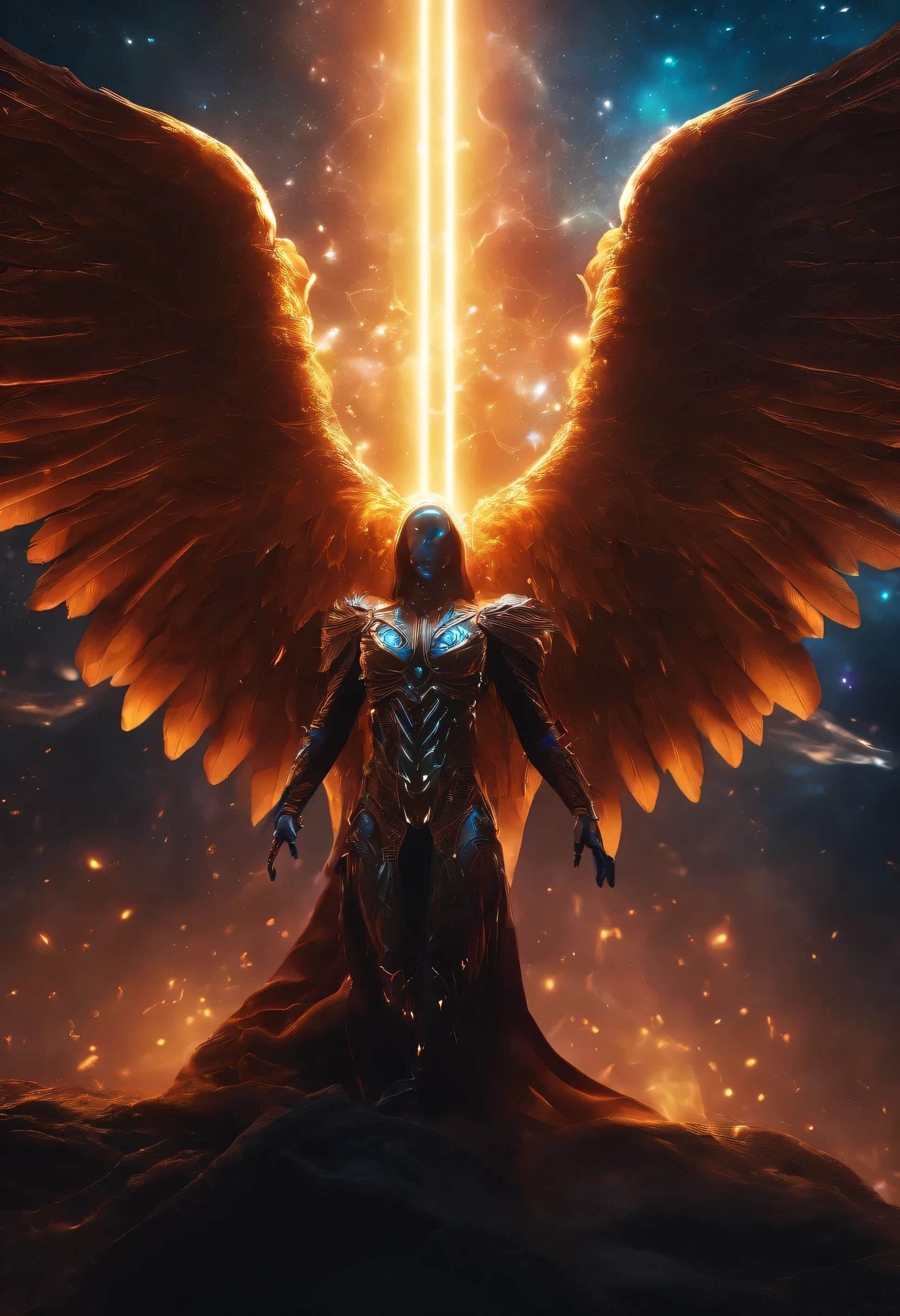 Cosmic Fallen Angel, glowing light eyes, Biomechanical, eerie, Creepy, nightmarish, Very bright colors, Light particles, with light glowing, Mshiv, wallpaper art, Ultra HD wallpaper esports athlete