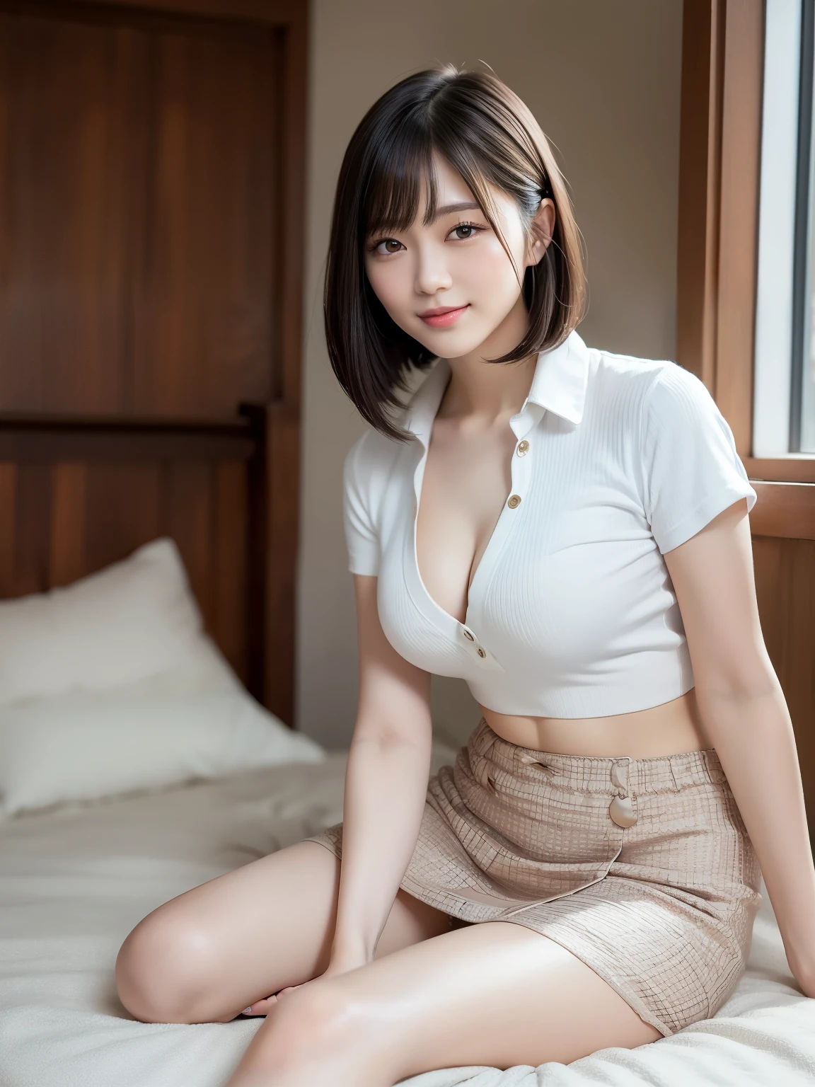 (highest quality:1.5)、(Realistic:1.5)、(1 person:1.5)、Very detailed、High resolution、8k、medium breasts、Natural color lips、Cute Smile、Japanese women、20-year-old girl、Beautiful and elegant face、Perfect and beautiful face、Balanced big eyes、Brunette eyes、Beautiful and elegant face、Natural double eyelids、Natural Bangs、Beautiful thin nose、Beautiful Skin、(Medium Bob Hair)、Natural Bangs、Perfect and beautiful face、Slim face and figure、Look at the viewers、(Staring at the camera with a sweet smile)、Bright lighting、Professional Lighting、Forward lighting、Beautiful feet:1.2、Smooth Skin、Slim Body、Slim waistline、slim thin thighs、Sit slouching、Bedroom、mini skirt、High stockings、Beautiful cleavage、Wear a low-cut shirt and bra、