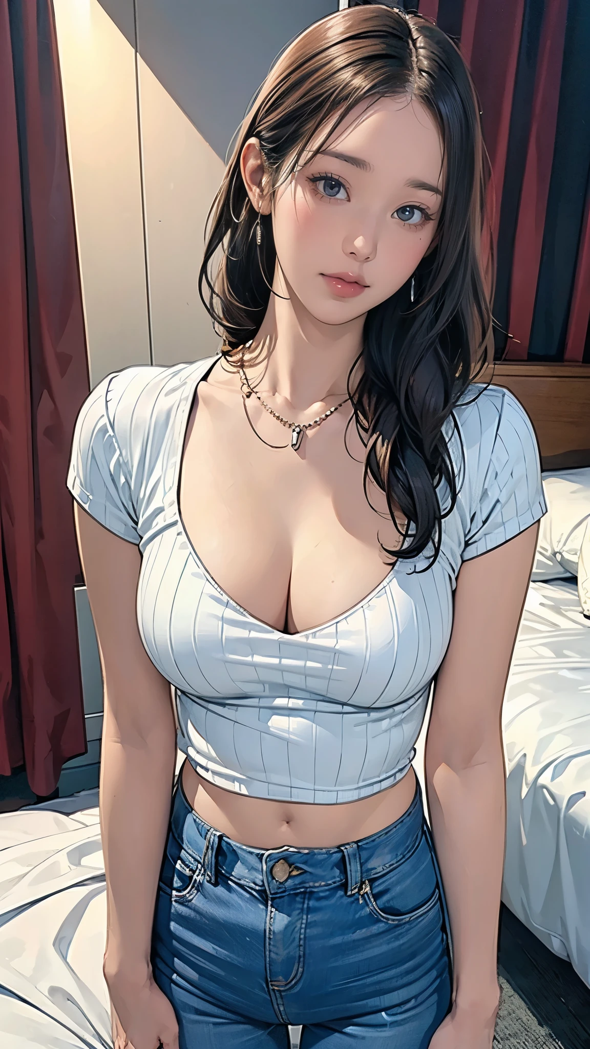 (masterpiece:1.2, highest quality), (Realistic, photoRealistic:1.4), Beautiful illustrations, (Natural Side Lighting, Cinema Lighting), Written boundary depth, Beautiful thighs staring at the viewer, (Face Focus, Upper Body), 1 female,20-year-old,alone,(With background:Hotel Rooms) , thin, slender, Long Hair, Curly Hair, One bun on top of the head, Forehead, thin, slender, Small , Cleavage, sweater, jeans, Earrings, necklace, Are standing