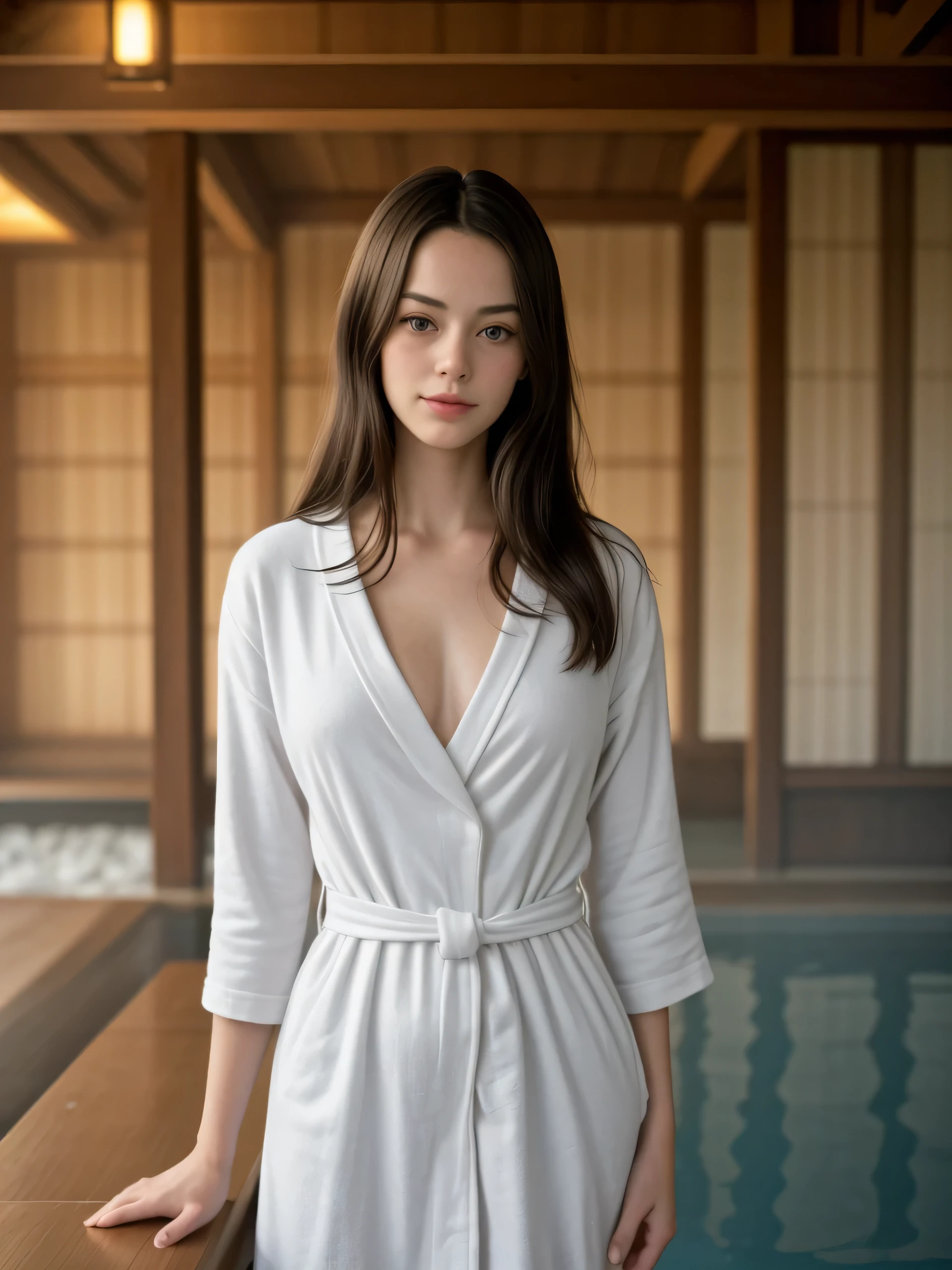 (Best quality, photorealistic, reality, realistic detail), random angle shot, sharp focus, A beautiful young girl who looking alike Kaya Scodelario, wearing bathrobe, delicate face, light smile, (at onsen), standing, inside of resort, steam, nature theme decorate, vivid color grading.