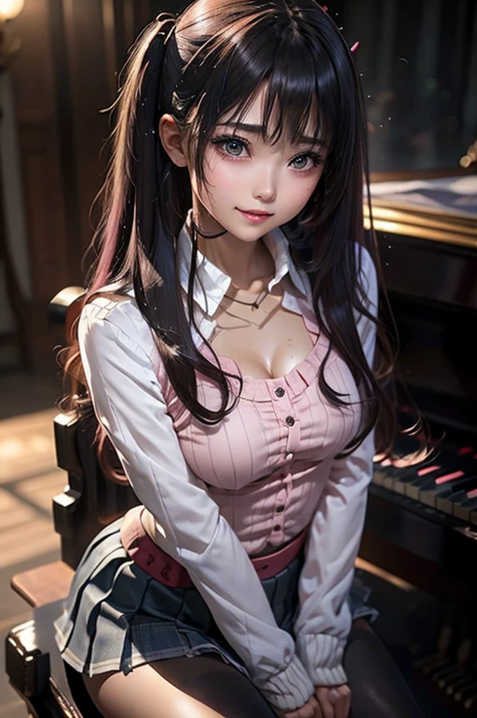 High School Suit Jacket、 、Red plaid skirt、JK style、Jacket、Smile、knee socks、Knee socks、Pantyhose、Peerless Beauty、Super cute、Fed up、of beauty、twin-tail hair、Dark black eyeshadow、sad、Skin radiance、Long hair straightener、Dark Gothic Makeup、陰暗的Smile、Fragrant and beautiful、Stained glass background、masterpiece、best quality、Reference 5 books、Sweat glistened on my chest、Sweat is glistening on my face、Small breast size、Dark pink hair、Age 22 years、Slightly slim、play piano、Sit down and play an instrument、There is a piano、mysterious appearance、A sad expression、Pink Hair、Mysterious Gothic church、Charming castle、Sweating all over the body、There is a lot of sweat and light on the thighs、Shiny thighs、大腿上Sweating、A lot of sweat glistens on the thighs、Sweating、gal、Small Breasts、Japanese Face、Seductive expression、Thighs are a bit slender、Skirt length is above the knee、