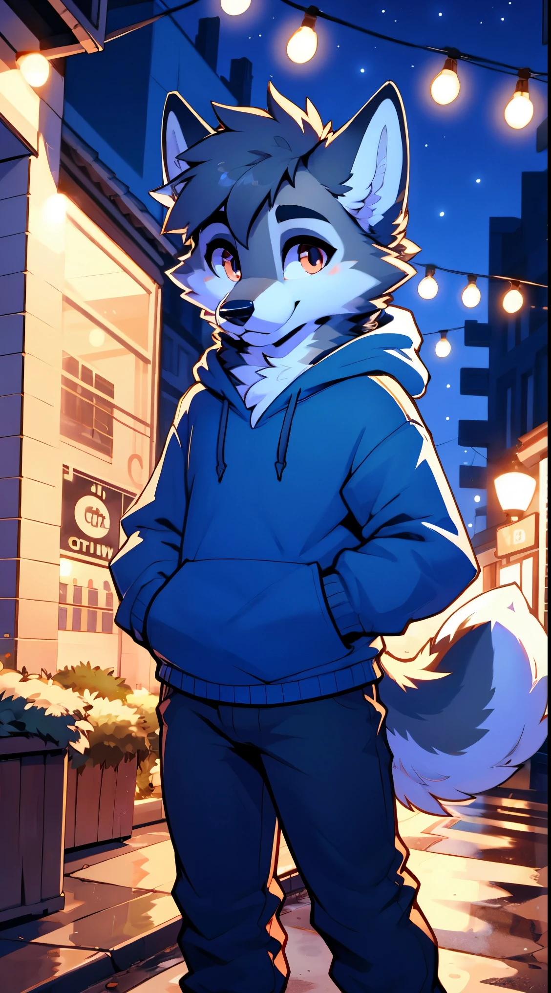 a full body, anthropomorphic brown wolf ??? wearing a blue hoodie, pants, wolf face, cute face, glossy fur, big fluffy neckfur, posing for a picture in a hill at night with a city in the distance