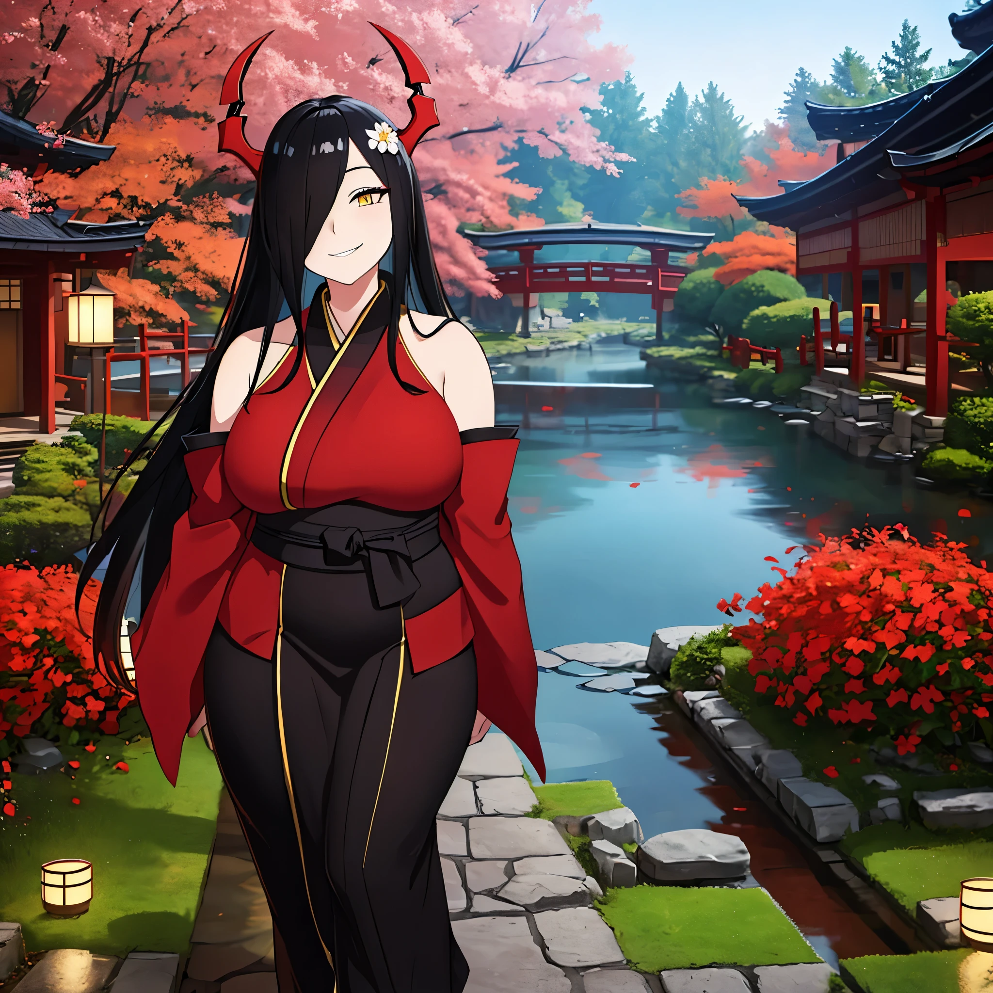 A woman wearing a black yukata with red details, with a red fur cape on her shoulders, red horns, big breasts, (perfect and well detailed yukata) yellow eyes, long black hair, smiling, walking in a Japanese garden during the day, (lone woman), glow, drop shadow, flower, UHD, masterpiece, accurate, anatomically correct, textured skin, super detail, high quality, best quality, 8k, high resolution, bokeh effect.
