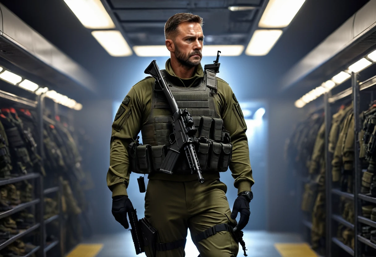 (8k, RAW Photos, highest quality, masterpiece:1.2), (Realistic, photo-Realistic:1.37) ,special forces, (male, night), (pistol), Detailed face, Fine grain, Vigilance, uniform,Get out of the aisle