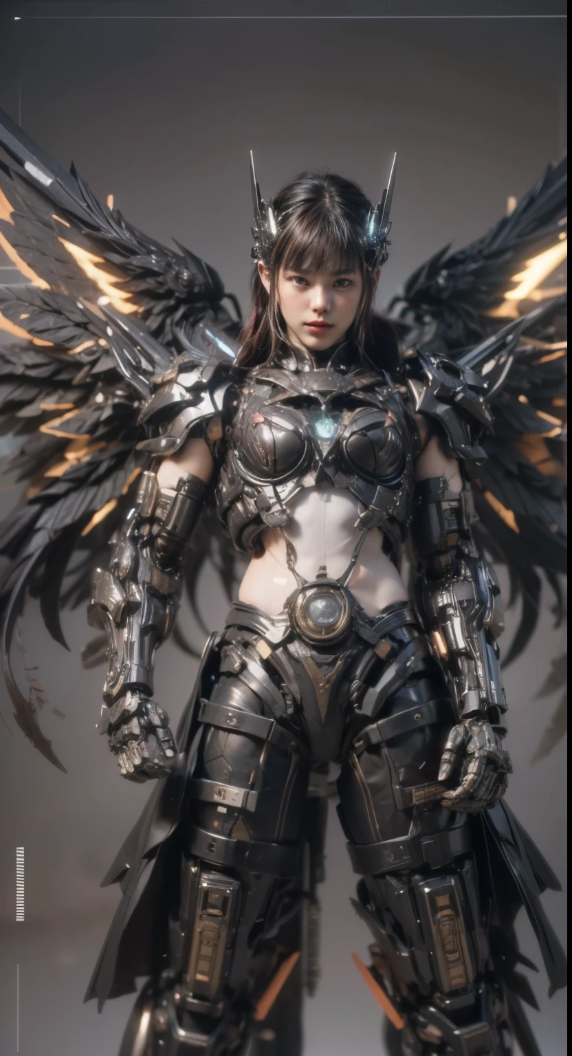 (top-quality:1.2, masterpiece)、ultra high resolution、extremely ultra surrealism, (Photorealsitic:1.4)、Raw photo、(Steampunk Battle Cyborg fallen angel)、(large mechanical bat wings)、black porcelain body、red hair、glowy skin、1 Cyborg girl、(mechanical frame:1.3)japanese, extremely cute face, ((super realistic details))、portrait、globalillumination、Shadow、octan render、8K、ultrasharp、character edge light、Details of complex ornaments、Acrylic Clear Cover、Sumerian details、Hydraulic cylinder、Small LED lamp、highly intricate detail、Realistic light、a purple eye、radiant eyes、Facing the camera、neon details、cowboy shot、Futuristic headgear、About Cyberpunk