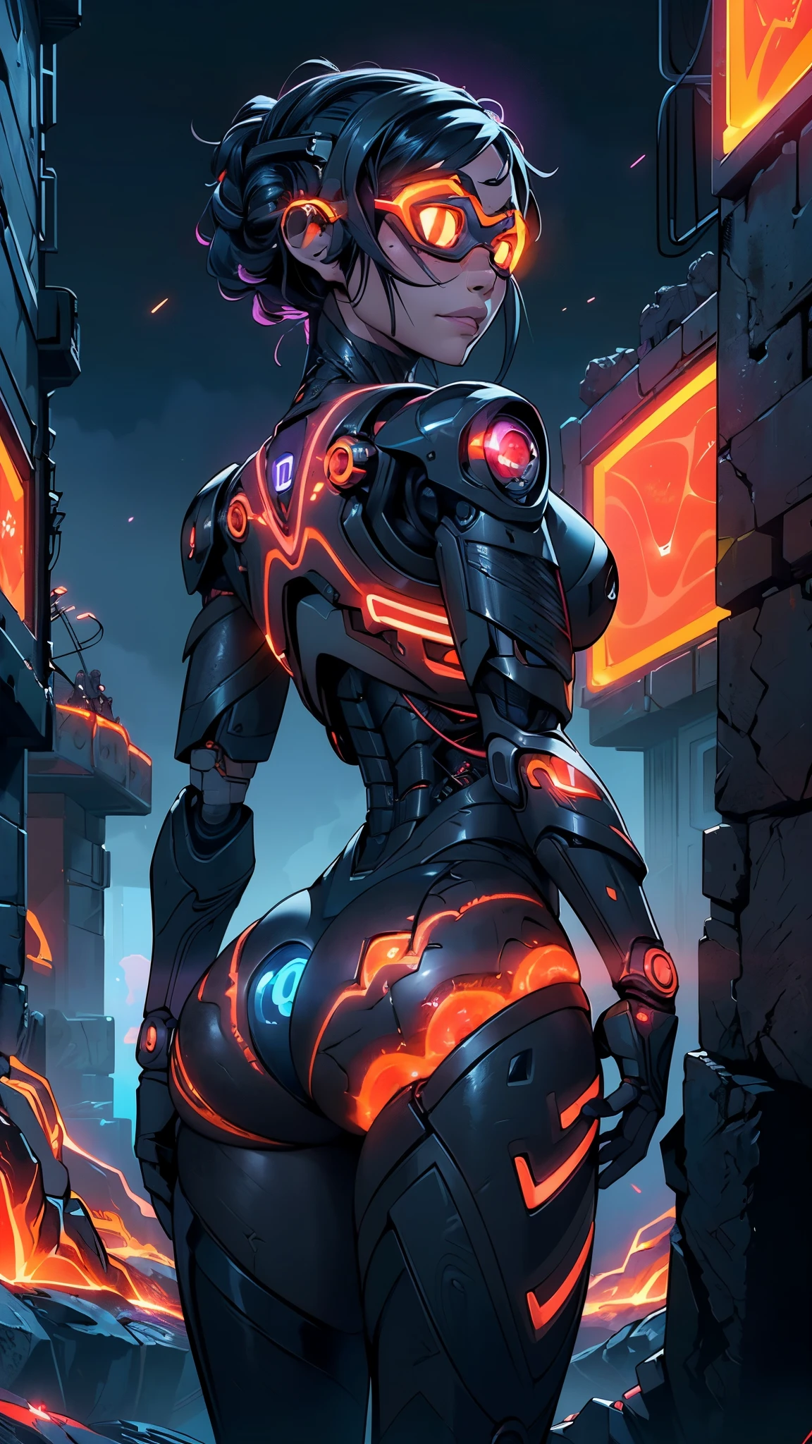 (rear view, backside view),,(La mejor calidad,A high resolution,Ultra - detallado,actual)、(cyborg mirai white :1.4) , ciberpunk、big glutes、arrodillarse、(Electronic visor:1.4), attached to face of 12 year old girl with emphasis on buttocksskirt showing panties White:1.4)  ,mirai red latex body,modo ciberpunk、pose sexy、(Usar polainas amarillas en la parte inferior del cuerpo、Agrandamiento de los senos、(background Neon lights in the dark city at night..:1.4),Motor irreal:1.4,High Definition,La Mejor calidad:1.4, fotorrealista:1.4, textura de la piel:1.4, Obra maestra:1.8,Obra maestra, Mejor calidad,（hermosos ojos azules ）,( neon pink cyborg white ),(perfect anatomy :1.4 ),(body ciborg Mirai naranja:1.4 ) ,(mirai:1.4), (trasero y caderas grandes),( convexo dedos detallados),( robot cyborg kawaii white :1.4), (background alley walls big stones night:1.4), ,( ciberpunk 2.1),( organic mechanical cyborg :1.4),( perfect anatomy :1.4), (face detailed :1.4), ,(Fondo de ruinas de mazmorra en ruinas:1.4 ),( cinematic lighting), (Cinematic V2.1),( tiene un culo hermoso caderas:1.4 ), (trasero grande), (fondo lava magma piedras grandes :1.4), (magma lava V2.1) 