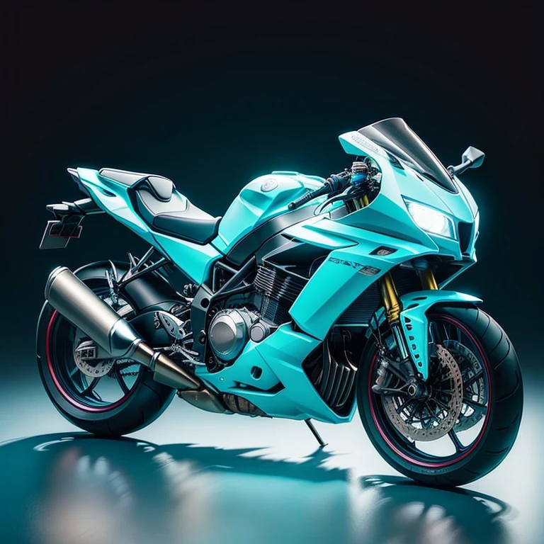 Un pastel dulce en forma de moto de 3D, decorado con delicados colores pastel, photorealistic technique. La moto se muestra en detalle sofisticado, reflejando la luz brillante y el estilo de dibujo fino. The background is neutral and perspective angle slightly mysterious, creating a clear and reflective atmosphere. Although the lighting is soft and delicate, the cake shows a characteristic feature of high quality, lo que lo convierte en una obra maestra gourmet