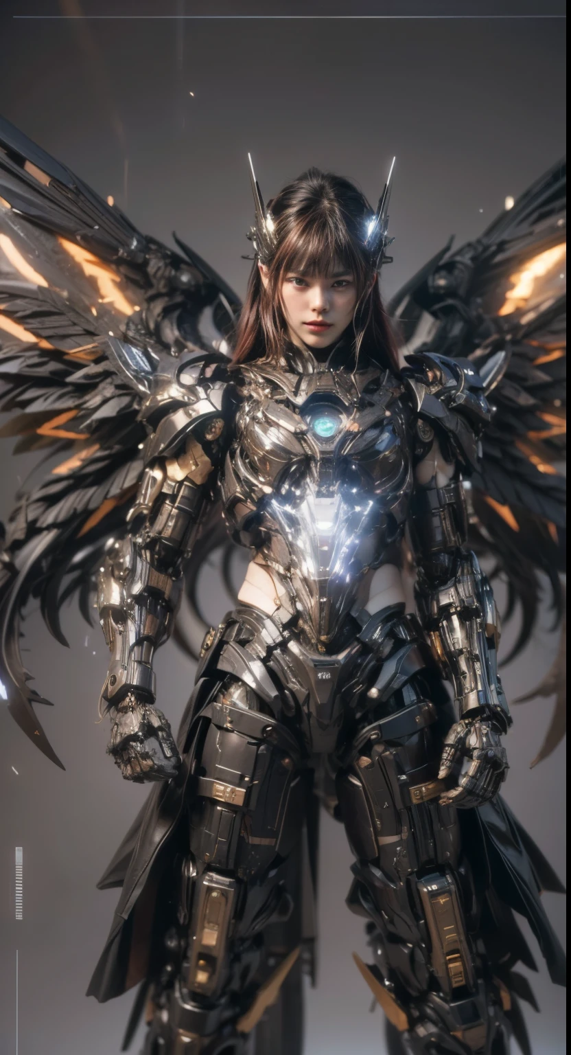 (top-quality:1.2, masterpiece)、ultra high resolution、extremely ultra surrealism, (Photorealsitic:1.4)、Raw photo、(Steampunk Battle Cyborg fallen angel)、(large mechanical bat wings)、black porcelain body、red  hair、glowy skin、1 Cyborg girl、(mechanical frame:1.3)japanese, extremely cute face,  ((super realistic details))、portrait、globalillumination、Shadow、octan render、8K、ultrasharp、character edge light、Details of complex ornaments、Acrylic Clear Cover、Sumerian details、Hydraulic cylinder、Small LED lamp、highly intricate detail、Realistic light、a purple eye、radiant eyes、Facing the camera、neon details、cowboy  shot、Futuristic headgear、About Cyberpunk