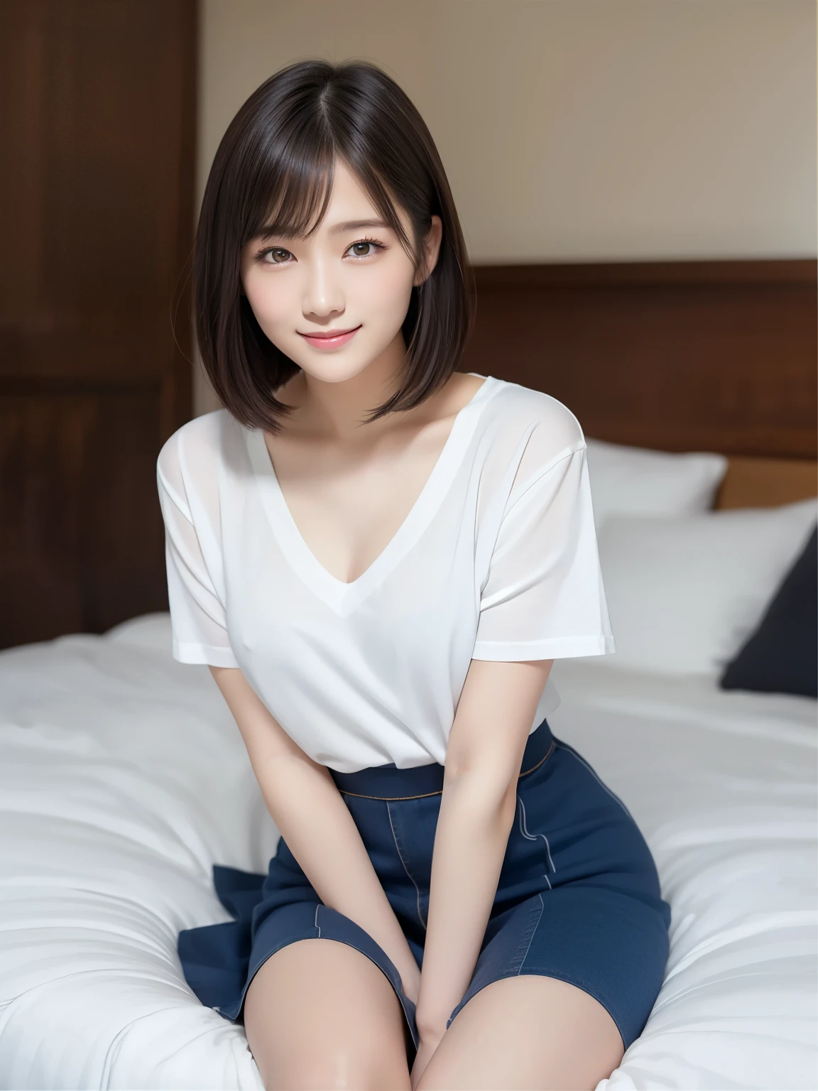 cute 21 year old japanese、super detailed face、Attention to detail、double eyelid、Beautiful thin nose、Sharp focus:1.2、Beauty:1.4、(bright茶髪、short cut hair、white skin、highest quality、bright、masterpiece、ultra high resolution、(realism:1.4)、Bedroom、night、on the bed、Cute Pajamas、best smile、