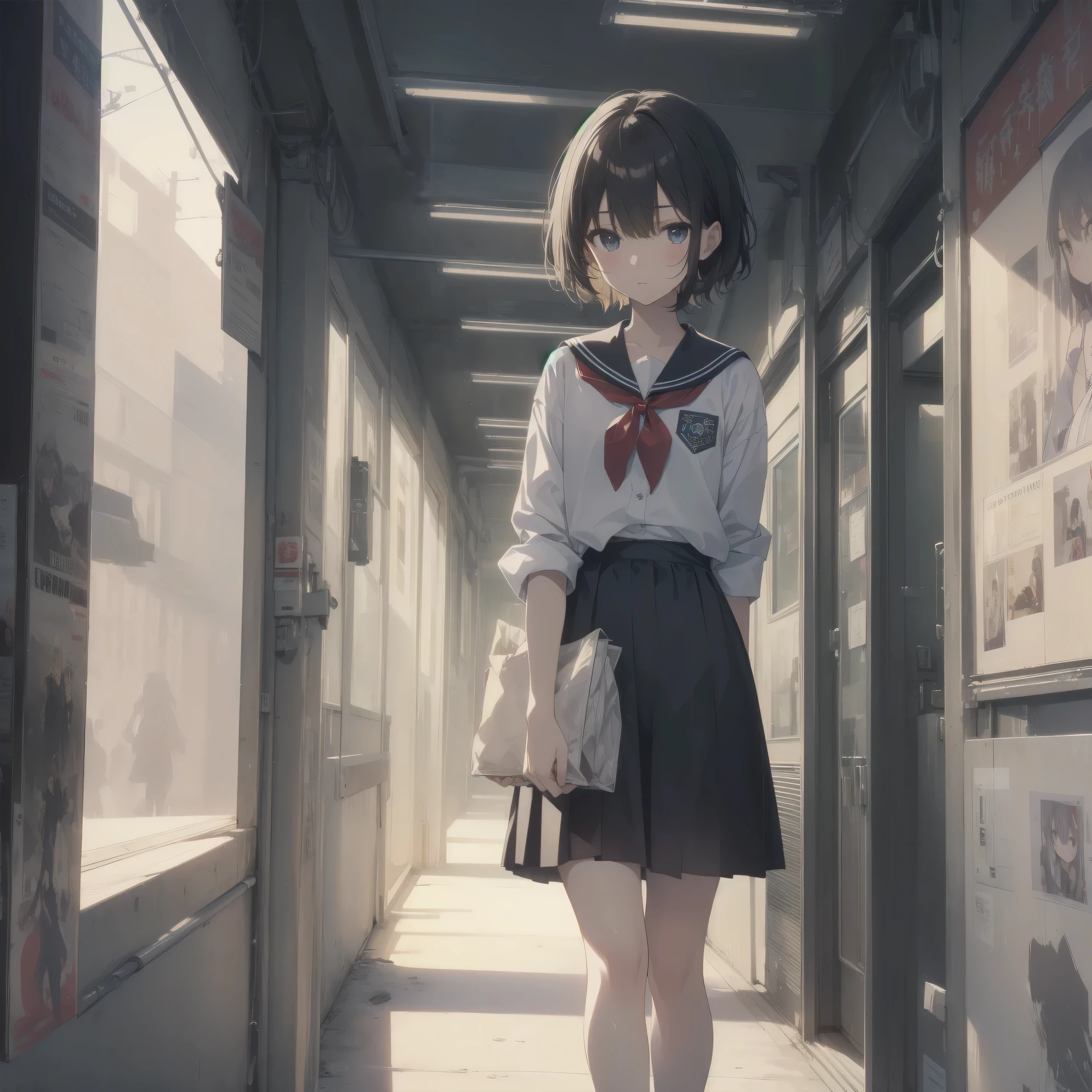 ultra-absurdres-Top quality by artist God, ultra-detailed, high resolution, anime moe artstyle, best anime 8k konachan wallpaper, pixiv contest winner, pool:2810, perfect anatomy,break, 1girl, (Please draw a girl walking sleepily to school alone. )break,(Solo,little female, 13-year-old:1.3),Full limbs, complete fingers,a junior high school student, (very short hair), short cut, flat chest, , small butt, small black eyes, beautiful detailed eyes, well-proportioned iris and pupils, expressive eyes, highres detailed hair, soft expression, salor school_uniform, sailor collar, serahuku, bow, pleated skirt,(Detailed Lighting), (Detailed background), in the School commute route. break,super detailed skin, Best cinematic lighting powered by famous artist, 8k,beauty illustration,photoshop_(medium),very aesthetic,break,((artist:iesupa )), artist:clamp ,artist:carnelian ,artist:kantoku ,
