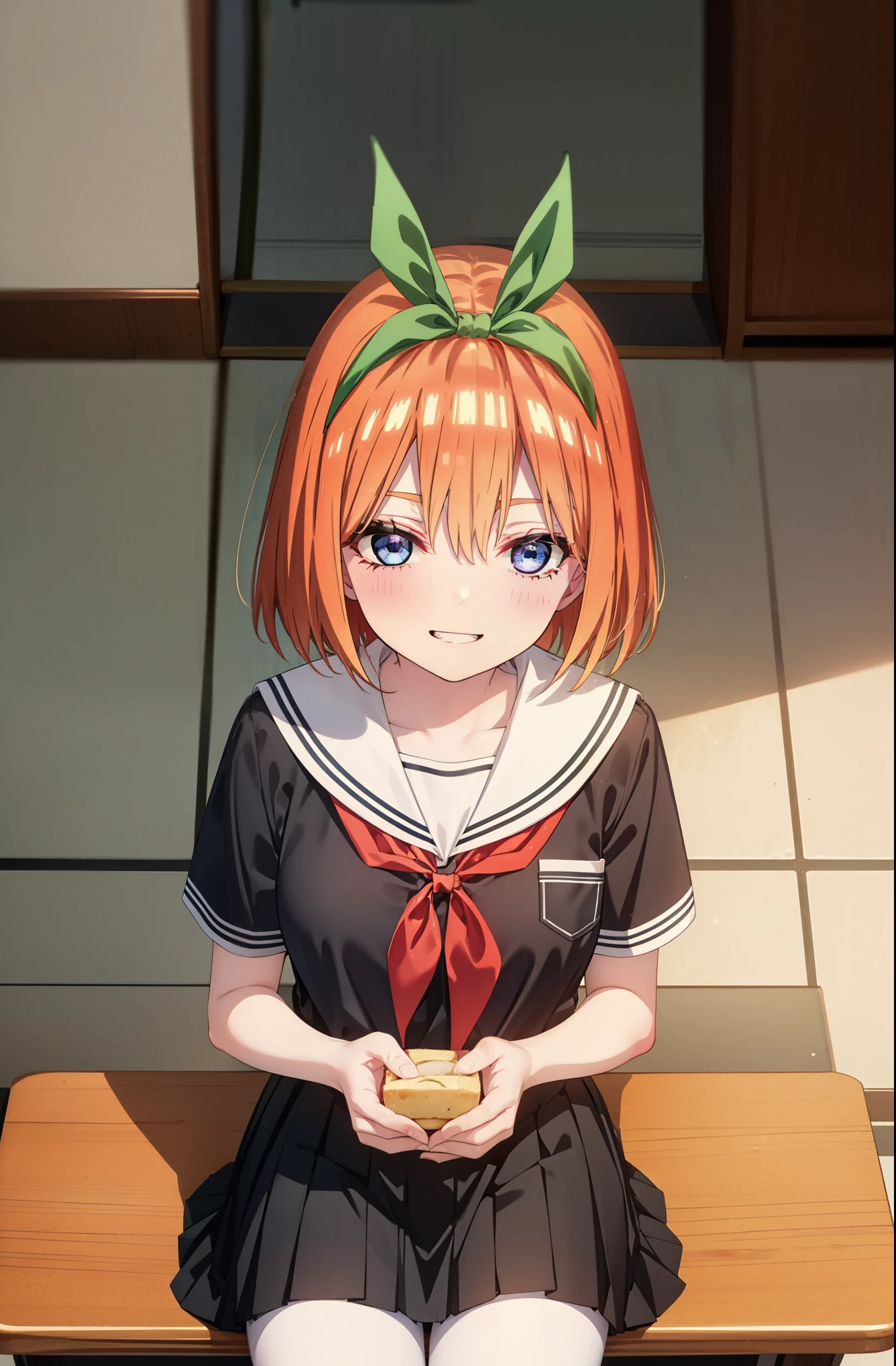 yotsubanakano, yotsuba nakano, bangs, short hair, blue eyes, Hair between the eyes, hair ribbon, hair band, Orange Hair, (Red ribbon:1.5), smile, Grin,Big Breasts,Japanese schoolgirl(Black Sailor Suit),Short sleeve,Black pleated skirt,White tights,Brown Loafers,Daytime,Clear skies,Sitting at a desk,whole bodyがイラストに入るように,Looking down from above,
break indoors, School,Big Breasts,
break looking at viewer, whole body,
break (masterpiece:1.2), highest quality, High resolution, unity 8k wallpaper, (shape:0.8), (Beautiful details:1.6), Highly detailed face, Perfect lighting, Extremely detailed CG, (Perfect hands, Perfect Anatomy),