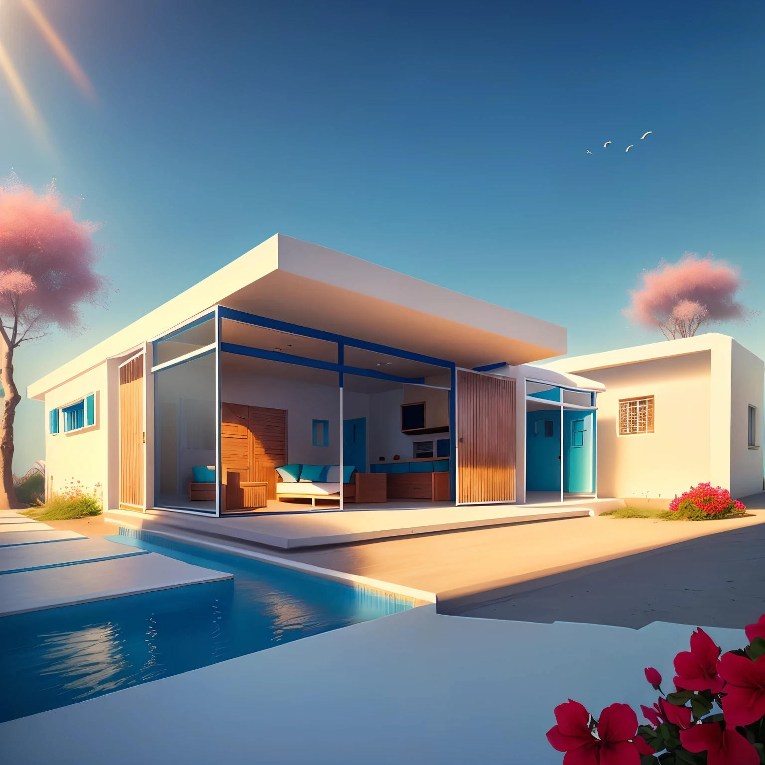(1 santorini style house, The town house is made from white walls and some walls are painted bright blue)), beautyful light, beautyfulday, sunny, Many red bougainvilleas along the road:1.3, lovely youthful feeling :1.2, sunlight at 12 noon, Very beautiful shadows