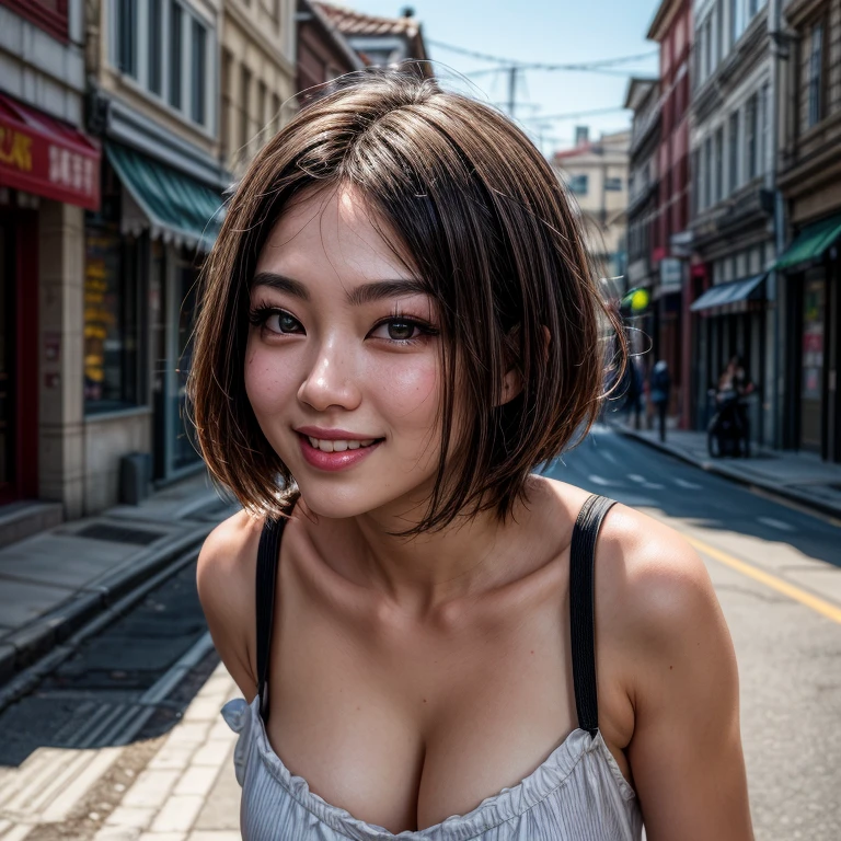 ((best quality: 1.5)) ((masterpiece)), Intricate details, Soft Focus, professional, real life, Real facial expression, Professional lighting, Dynamic poses, Realistic and ultra-detailed rendering，Detail of 20-year-old Korean woman, Smile，Clear eyes, short hair [black hair:white hair:0.3], Street background, Reality, Surrealism, 8K