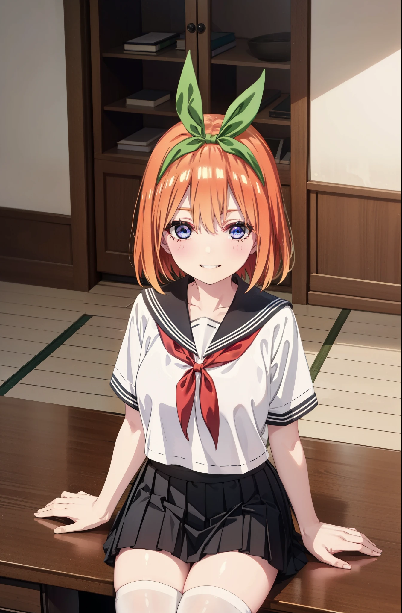 yotsubanakano, yotsuba nakano, bangs, short hair, blue eyes, Hair between the eyes, hair ribbon, hair band, Orange Hair, (Red ribbon:1.5), smile, Grin,Big Breasts,Japanese girl(Black Sailor Suit),Short sleeve,Black pleated skirt,White tights,Brown Loafers,Daytime,Clear skies,Sitting at a desk,whole bodyがイラストに入るように,Looking down from above,
break indoors, School,Big Breasts,
break looking at viewer, whole body,
break (masterpiece:1.2), highest quality, High resolution, unity 8k wallpaper, (shape:0.8), (Beautiful details:1.6), Highly detailed face, Perfect lighting, Extremely detailed CG, (Perfect hands, Perfect Anatomy),
