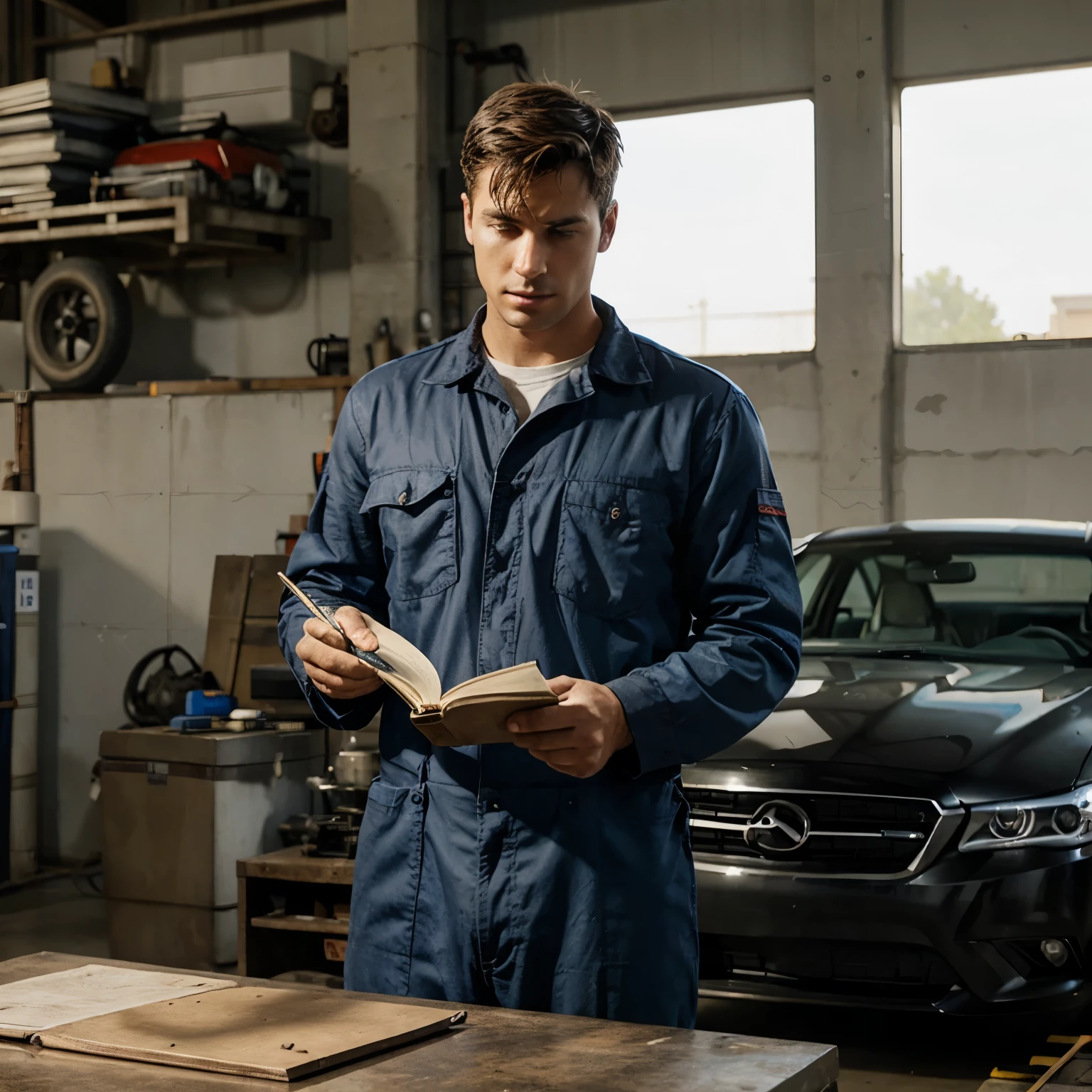 drawing of an automotive mechanic taking a book from his right hand in mechanic's size with a workshop in the background