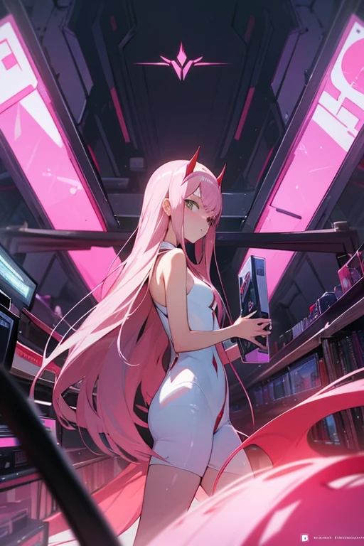 Desenhe a personagem de anime Zero Two do "Darling in the Franxx" em estilo detalhado, capturando-a de corpo inteiro. Ela possui cabelos rosa e olhos azul-esverdeados vibrantes, vestindo uma roupa sexy que mostra bastante pele. The scenery around you is a meticulously organized gamer room, highlighting a state-of-the-art computer setup, personalized LED lighting and shelves full of action figures and games. A luz suave do monitor reflete sutilmente em sua pele, adicionando uma atmosfera imersiva ao ambiente.