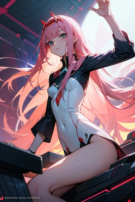Desenhe a personagem de anime Zero Two do "Darling in the Franxx" em estilo detalhado, capturando-a de corpo inteiro. Ela possui cabelos rosa e olhos azul-esverdeados vibrantes, vestindo uma roupa sexy que mostra bastante pele. The scenery around you is a meticulously organized gamer room, highlighting a state-of-the-art computer setup, personalized LED lighting and shelves full of action figures and games. A luz suave do monitor reflete sutilmente em sua pele, adicionando uma atmosfera imersiva ao ambiente.