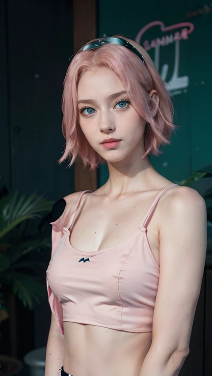 young woman, short shoulder-length pink hair, wide forehead, porcelain skin, pink eyebrows, big emerald green eyes, buttoned nose, full lips, heart-shaped face, slender body, small breasts, red tank top, Sakura Haruno , realistic, realism, details, 3d, well detailed
