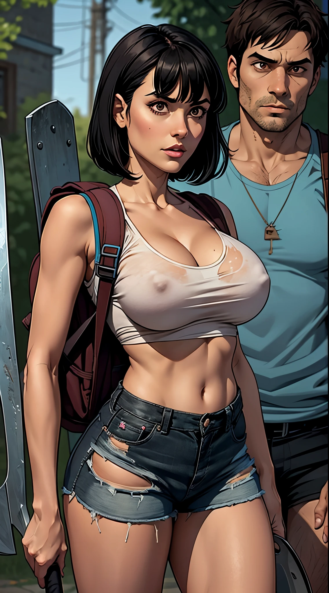 short black hair, with slightly messy bangs. Dark, penetrating brown eyes. Thin and marked build. She wears torn black shorts, blue tennis shoes, and a pink navel blouse with straps. He has an axe in his right hand and a backpack on his back. Busty. Zombie around