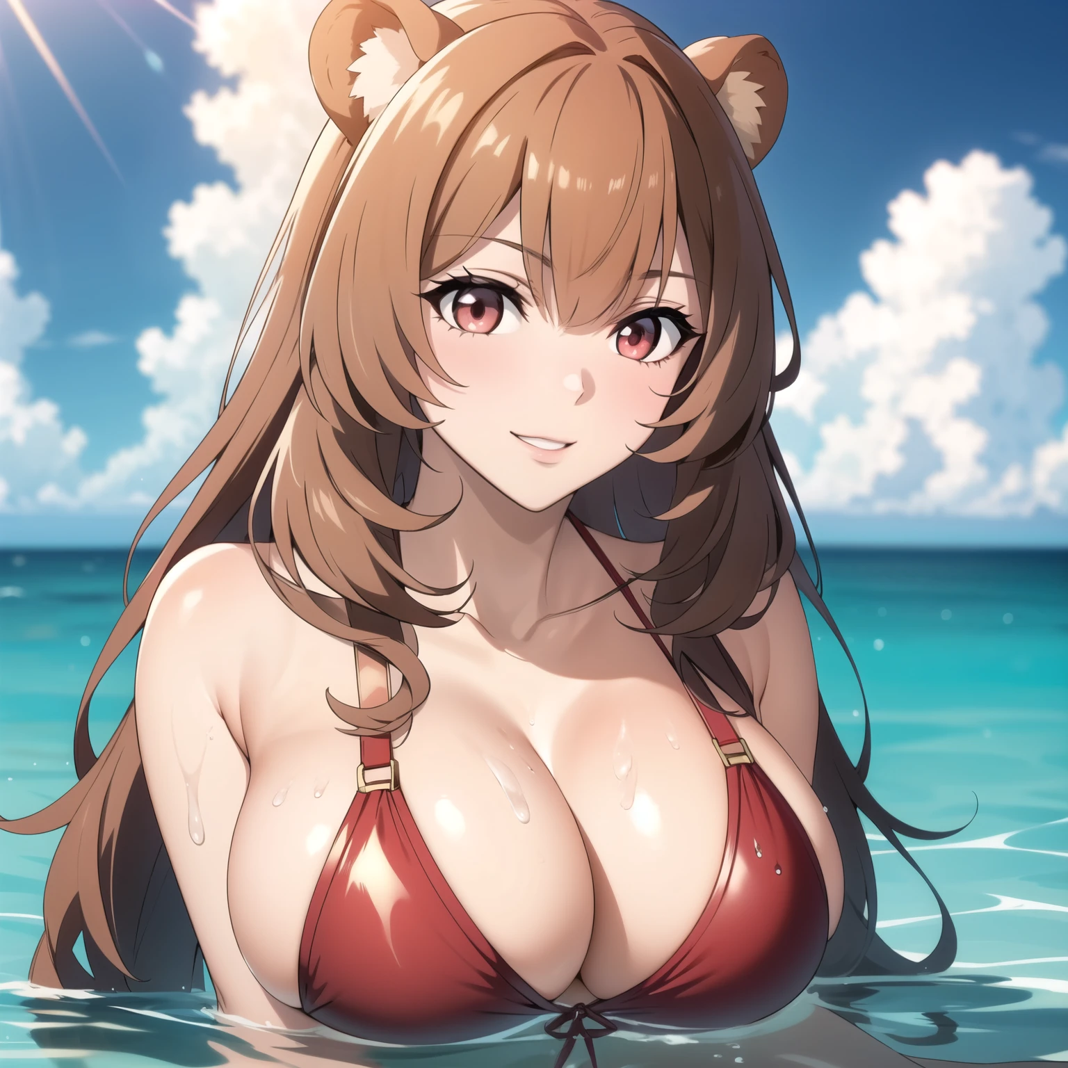 Raphtalia woman 27 años, cabello naranjo brillante con reflejos, sonrisa hermosa, rubor en mejillas, , orejas de oso, detailed ruby red eyes, pechos grandes, piel clara detallada, bikini violeta oscuro, accesorios, . is bathing in the ocean drops splashing bathing in the ocean. gotas de agua en su pecho, gotas de agua en su cabello. colores vibrantes, alta calidad. orejas de oso. sol de fondo. manos perfectas.