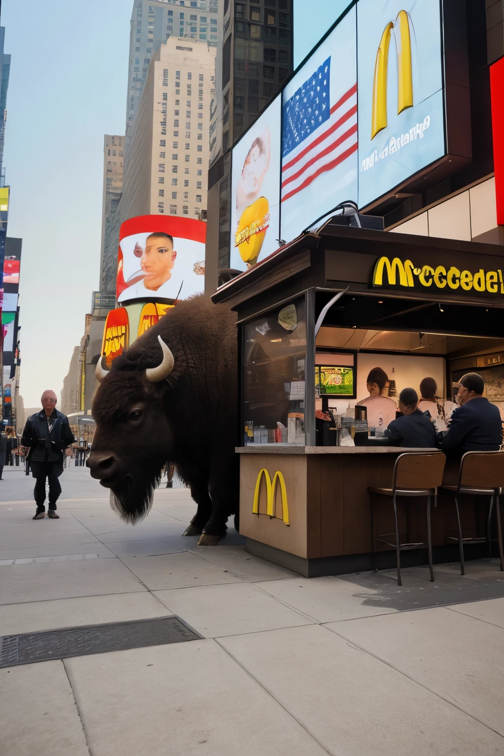 High-quality, disney style art capturing an iconic moment on Times Square, New York. The image features three historical figures: Beyoncé, Barack Obama, and Martin Luther King Jr., seated at a McDonald's booth, flanked by an American flag waving proudly.

In the background, an ancient oak tree stands tall, with roses gently blooming at its base. A majestic bison can be seen grazing near the tree, symbolizing the American wilderness. In the distance, a bald eagle soars, capturing the country's spirit.