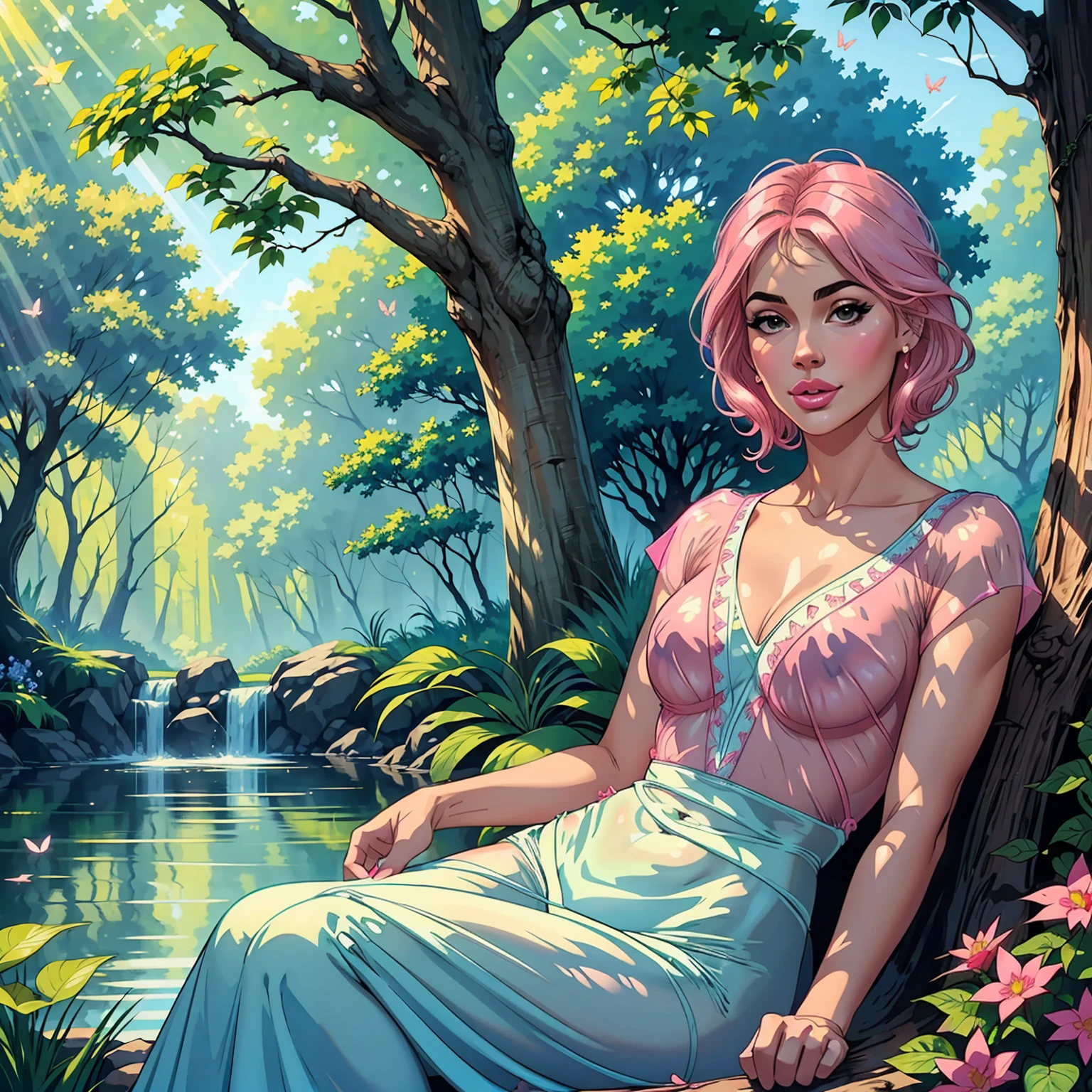 (best quality,realistic,1girl),40 years old,very detailed blue eyes,very detailed pink lips,blue hair,short,t-shirt,cozy ambience,soft lighting,tranquil ambiance,full body,pleasant garden,butterflies,floating flowers,peaceful atmosphere,lush greenery,serene moment,delicate features,subtle smile,sparrows chirping,relaxed pose,gentle breeze,harmonious colors,natural beauty,dewdrops on leaves,calm expression,serenity and tranquility,sun-kissed glow,whisper of leaves,rays of sunlight filtering through trees,sun-dappled shade,harmony with nature,contemplative mood,sublime tranquility