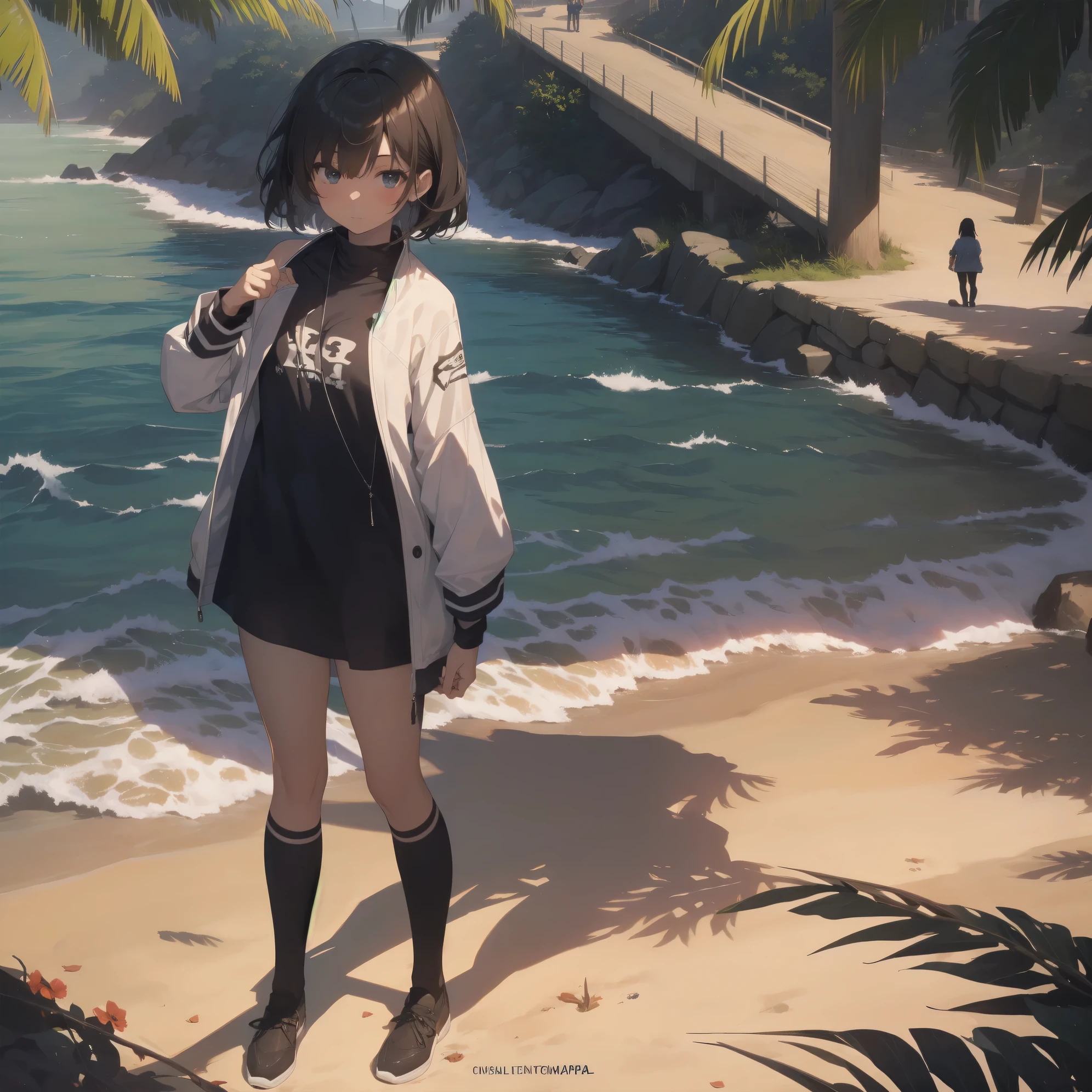 ultra-absurdres-Top quality by artist God, ultra-detailed, high resolution, anime moe artstyle, best anime 8k konachan wallpaper, pixiv contest winner, pool:2810, perfect anatomy,break, 1girl, (Please draw a girl walking sleepily to beach alone. )break,(Solo,dark-skinned female, 13-year-old:1.3),Full limbs, complete fingers,a junior high school student, (very short hair), short cut, flat chest, , small butt, small black eyes, beautiful detailed eyes, well-proportioned iris and pupils, expressive eyes, highres detailed hair, soft expression, school swimsuit, (Detailed Lighting), (Detailed background), in the beach, break,super detailed skin, Best cinematic lighting powered by famous artist, 8k,beauty illustration,photoshop_(medium),very aesthetic,break,((artist:iesupa )), artist:clamp ,artist:carnelian ,artist:kantoku ,
