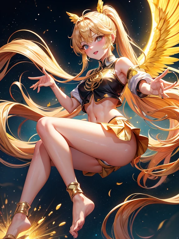 Golden long pony tail girl golden eyes have 2 golden wings wearing golden crop top and golden skirt golden socks no shoes and have mini golden crystals aura floating around